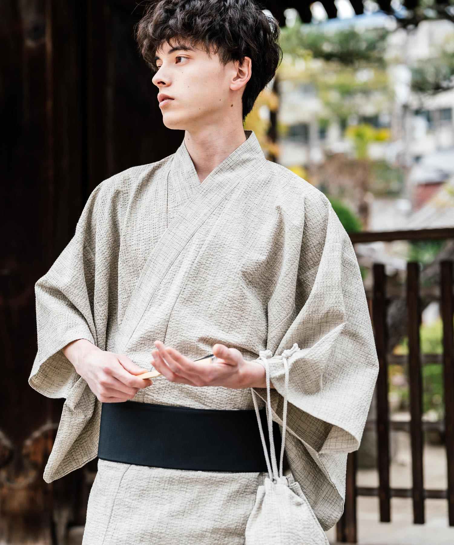 ロッキーモンロー Rocky Monroe 浴衣 5点セット メンズ 黒 下駄 扇子 帯 巾着 信玄袋 着物 和服 しじら織り シアサッカー 無地 ストライプレトロ モダン 花火大会 夏祭り 14155 (ホワイト) ホワイト