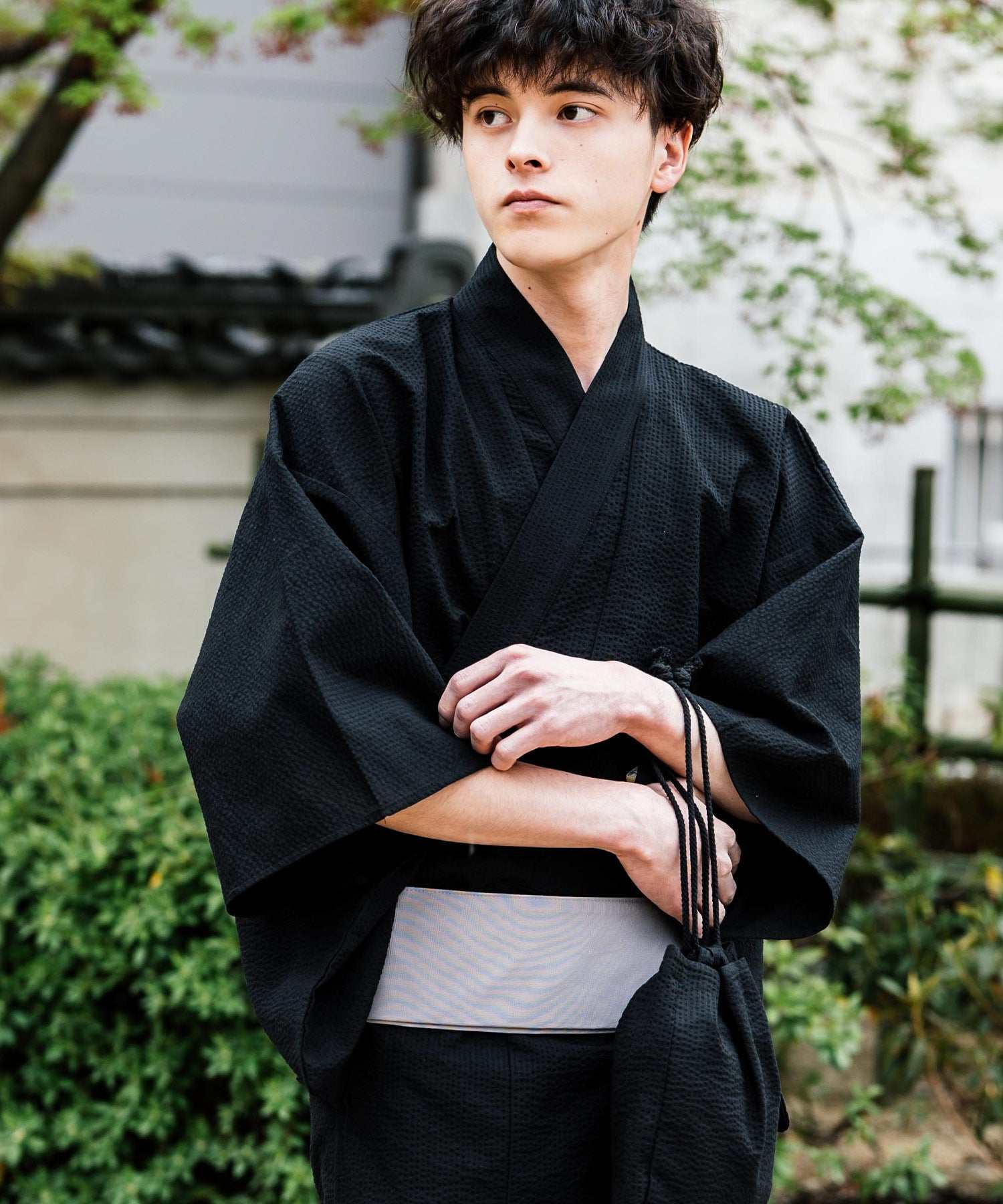 ロッキーモンロー Rocky Monroe 浴衣 5点セット メンズ 黒 下駄 扇子 帯 巾着 信玄袋 着物 和服 しじら織り シアサッカー 無地 ストライプレトロ モダン 花火大会 夏祭り 14155 (ブラック) ブラック