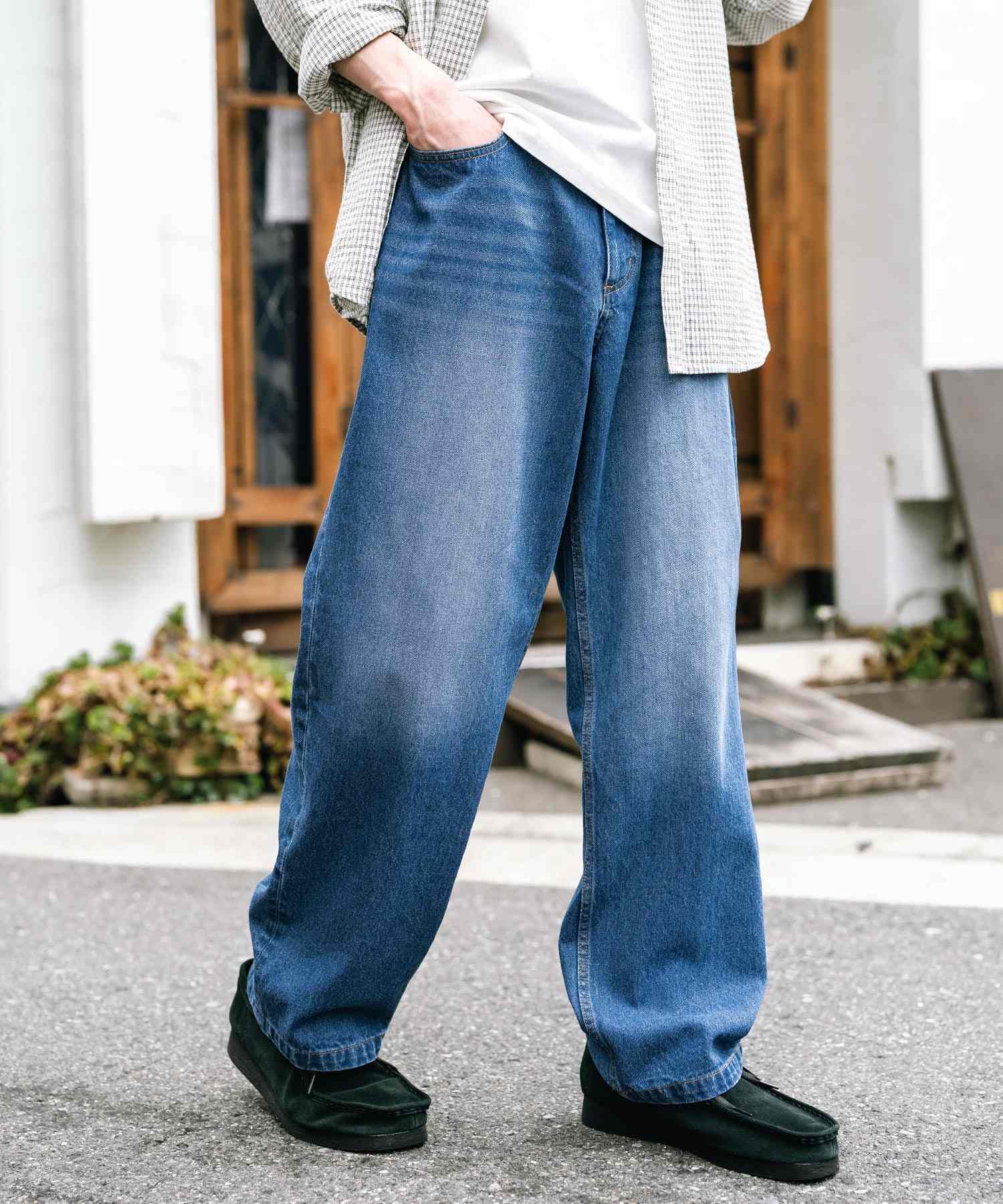 ロッキーモンロー Rocky Monroe ワイドパンツ デニム メンズ テーパード リラックス ルーズ ユーズド ヒゲ加工 ワンウォッシュ ケミカル オーバーダイ ヴィンテージ ブラスト 14464 (ブルーオーバーダイ) ブルーオーバーダイ