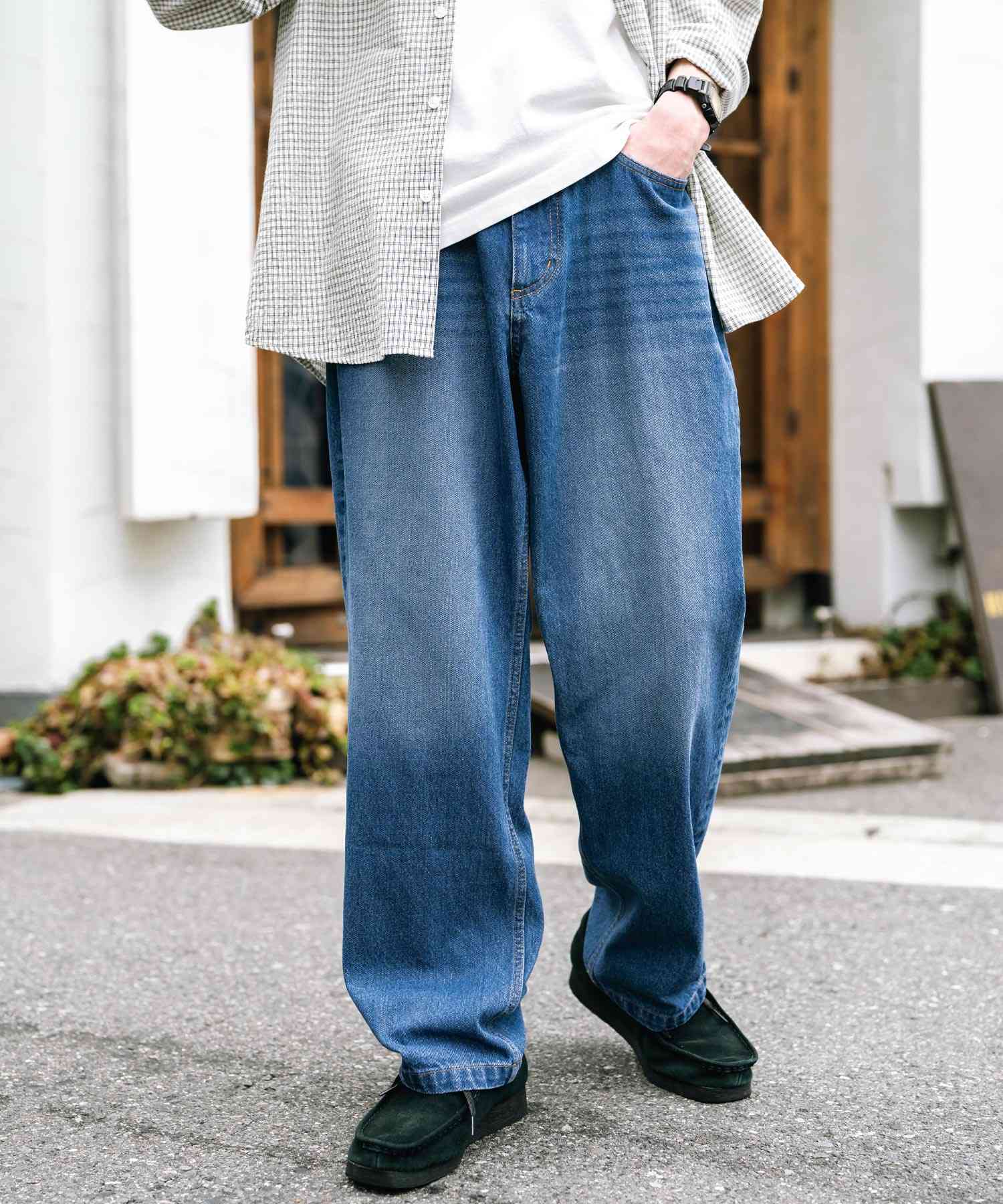 ロッキーモンロー Rocky Monroe ワイドパンツ デニム メンズ テーパード リラックス ルーズ ユーズド ヒゲ加工 ワンウォッシュ ケミカル オーバーダイ ヴィンテージ ブラスト 14464 (ブルーオーバーダイ) ブルーオーバーダイ