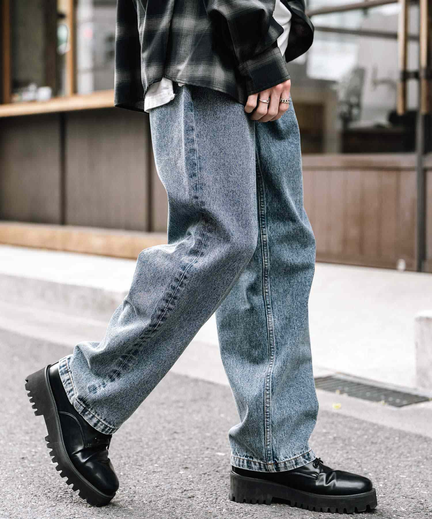 ロッキーモンロー Rocky Monroe ワイドパンツ デニム メンズ テーパード リラックス ルーズ ユーズド ヒゲ加工 ワンウォッシュ ケミカル オーバーダイ ヴィンテージ ブラスト 14464 (ブルーオーバーダイ) ブルーオーバーダイ