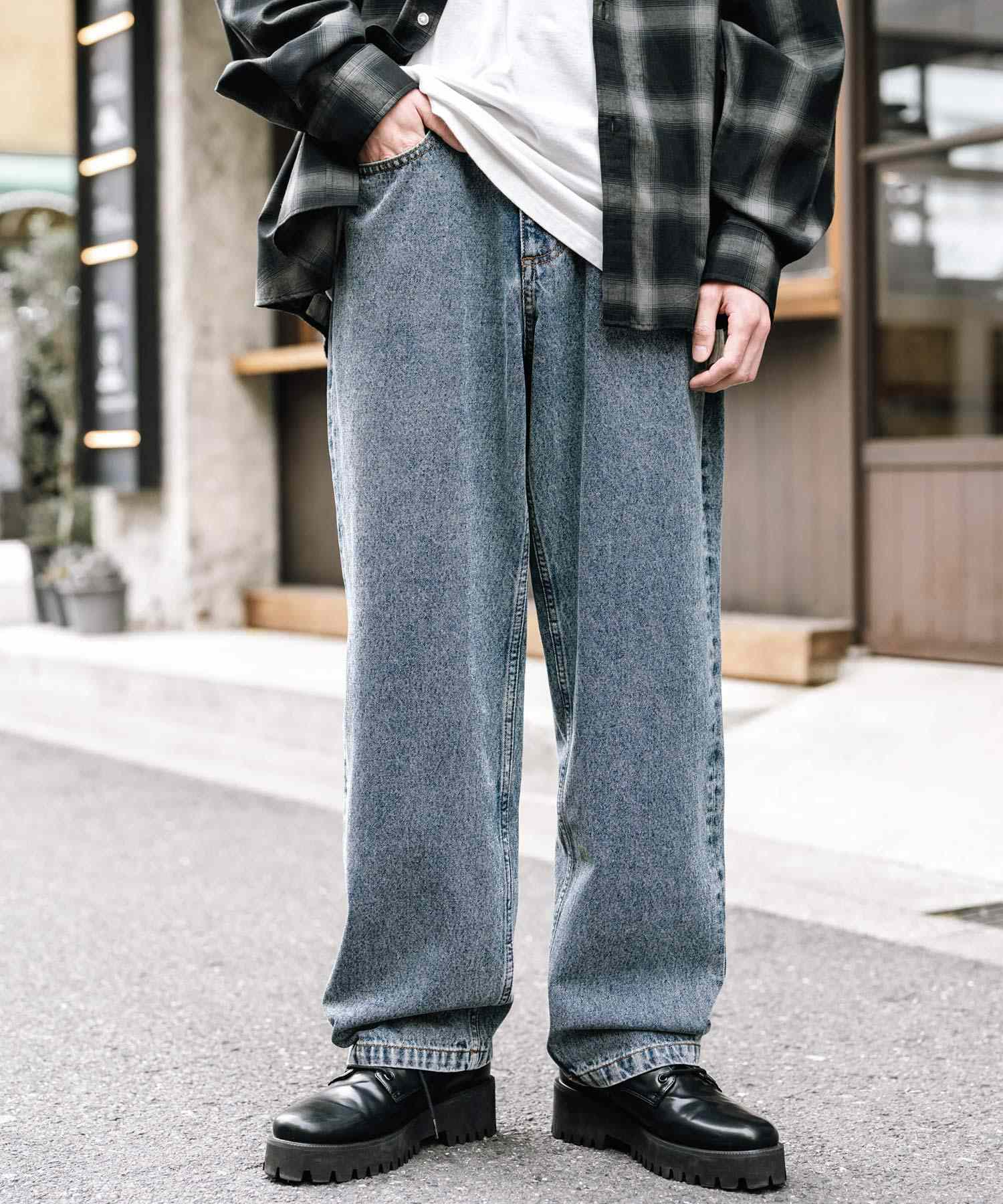 ロッキーモンロー Rocky Monroe ワイドパンツ デニム メンズ テーパード リラックス ルーズ ユーズド ヒゲ加工 ワンウォッシュ ケミカル オーバーダイ ヴィンテージ ブラスト 14464 (ブルーオーバーダイ) ブルーオーバーダイ