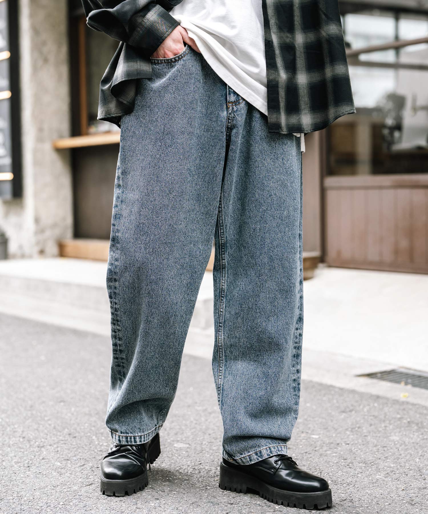 ロッキーモンロー Rocky Monroe ワイドパンツ デニム メンズ テーパード リラックス ルーズ ユーズド ヒゲ加工 ワンウォッシュ ケミカル オーバーダイ ヴィンテージ ブラスト 14464 (ブルーケミカル) ブルーケミカル