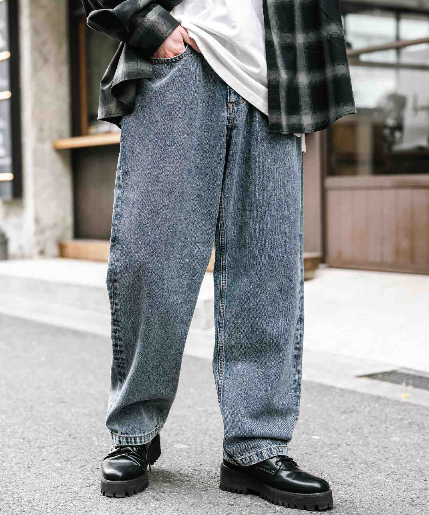 ロッキーモンロー Rocky Monroe ワイドパンツ デニム メンズ テーパード リラックス ルーズ ユーズド ヒゲ加工 ワンウォッシュ ケミカル オーバーダイ ヴィンテージ ブラスト 14464 (ブルーケミカル) ブルーケミカル