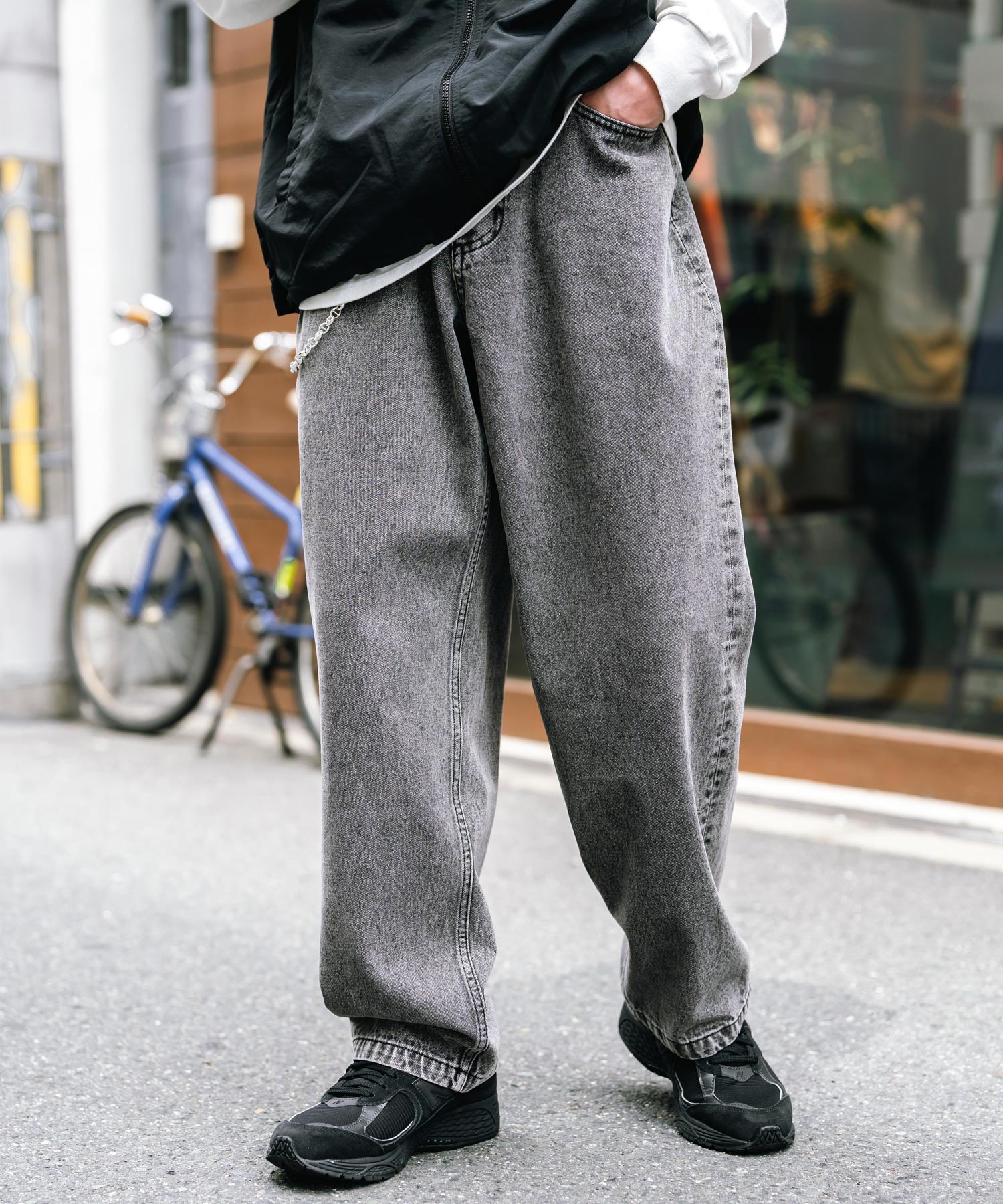 ロッキーモンロー Rocky Monroe ワイドパンツ デニム メンズ テーパード リラックス ルーズ ユーズド ヒゲ加工 ワンウォッシュ ケミカル オーバーダイ ヴィンテージ ブラスト 14464 (ブラックケミカル) ブラックケミカル