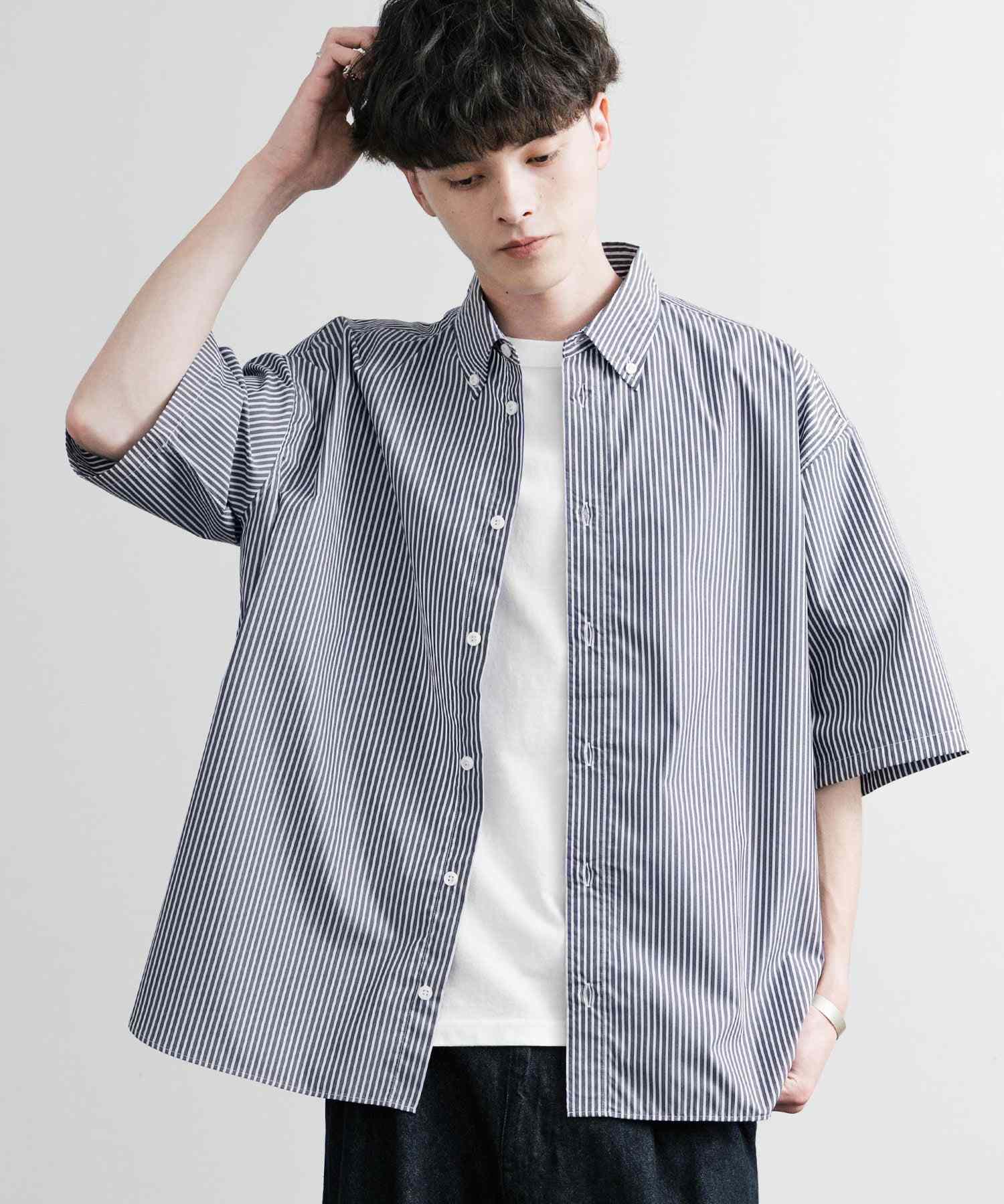 ロッキーモンロー Rocky Monroe 接触冷感 ストライプシャツ 半袖 メンズ ボタンダウン ボクシーAライン ルーズ UVカット日本製 Upscape Audience AUD6609 14696 (アイボリー) アイボリー