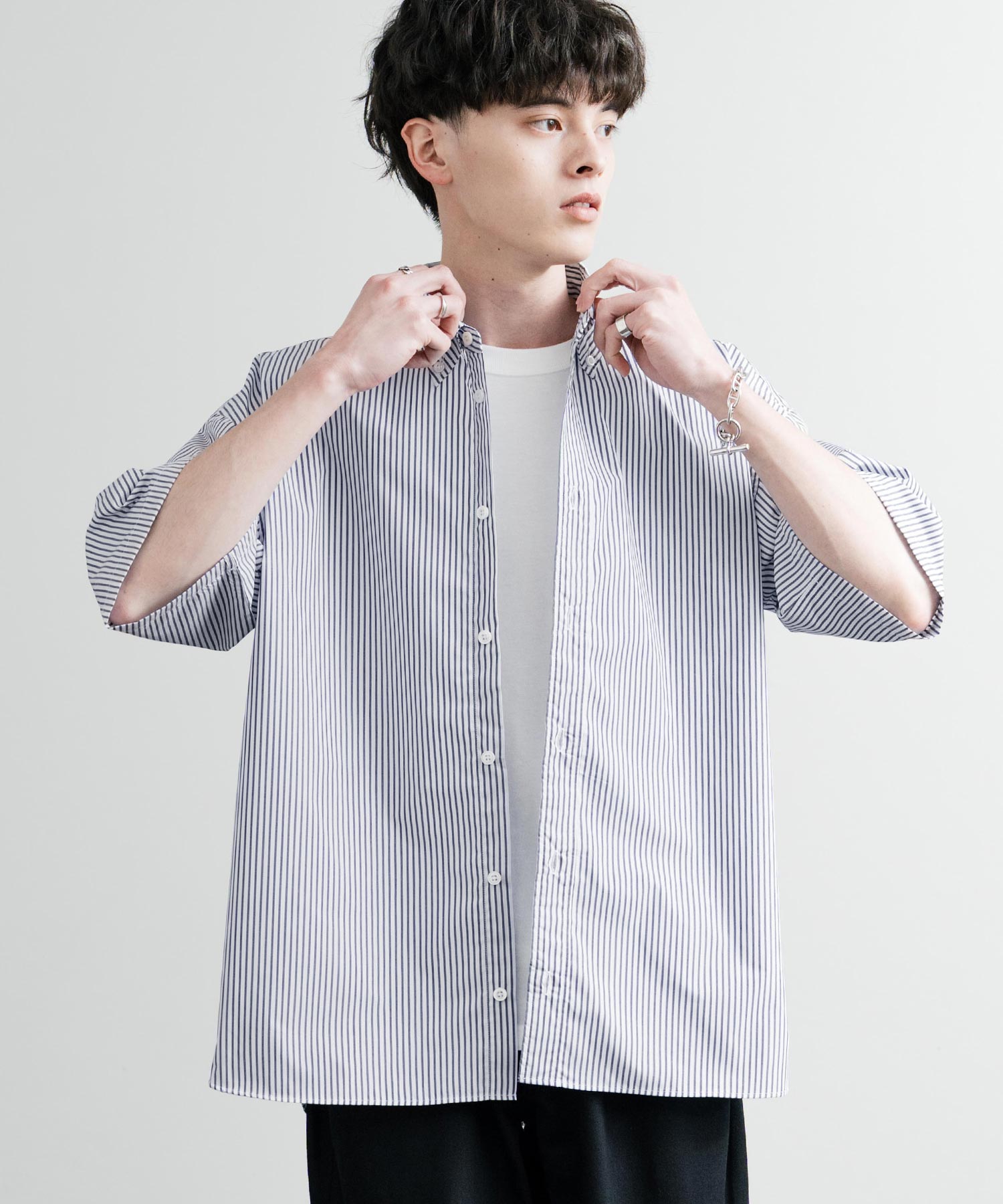 ロッキーモンロー Rocky Monroe 接触冷感 ストライプシャツ 半袖 メンズ ボタンダウン ボクシーAライン ルーズ UVカット日本製 Upscape Audience AUD6609 14696 (オフホワイト) オフホワイト