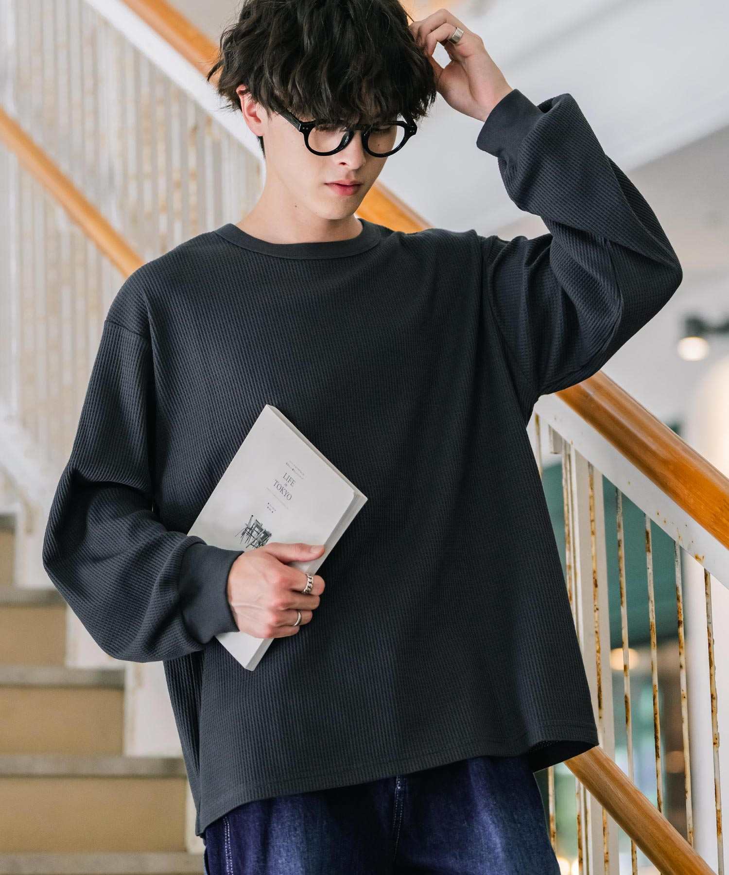 ロッキーモンロー Rocky Monroe Tシャツ 長袖 ワッフル メンズ レディース ロンT カットソー クルーネック 無地 シンプル リラックス ルーズシルエット レイヤード 14621 (グレー) グレー