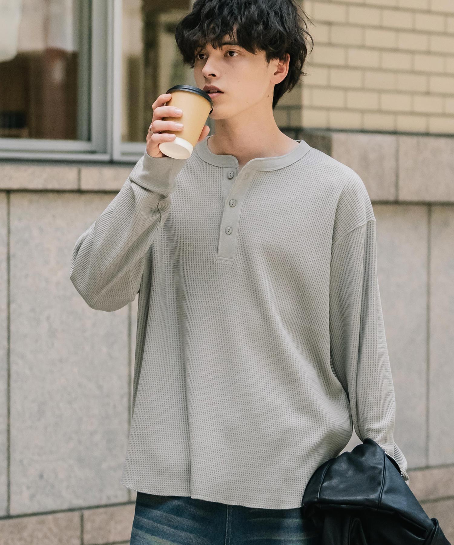 ロッキーモンロー Rocky Monroe Tシャツ 長袖 ワッフル ヘンリーネック メンズ レディース ロンT カットソー 無地 シンプル リラックス ルーズ レイヤード オールシーズン 14620 (グレー) グレー