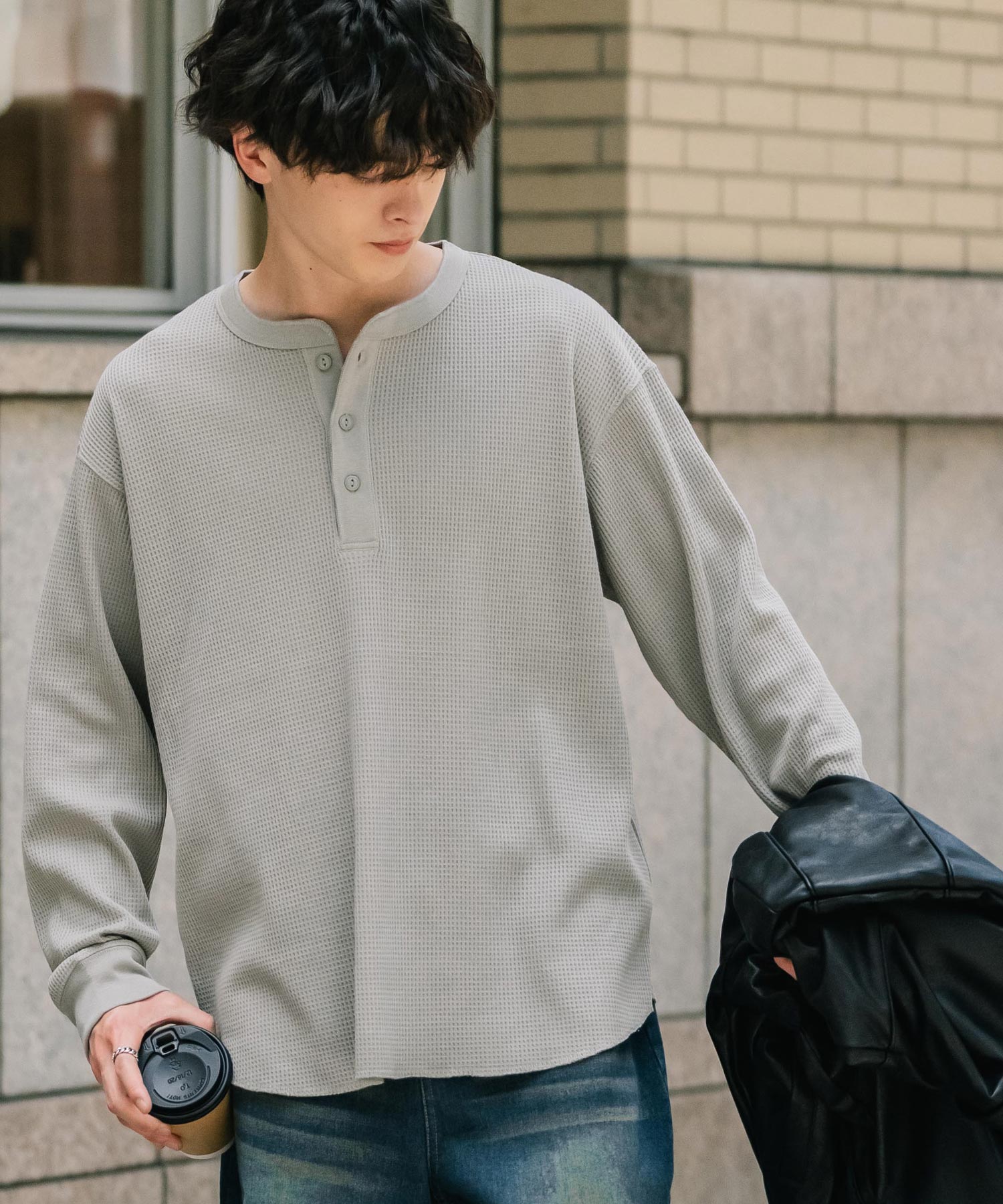 ロッキーモンロー Rocky Monroe Tシャツ 長袖 ワッフル ヘンリーネック メンズ レディース ロンT カットソー 無地 シンプル リラックス ルーズ レイヤード オールシーズン 14620 (グレー) グレー