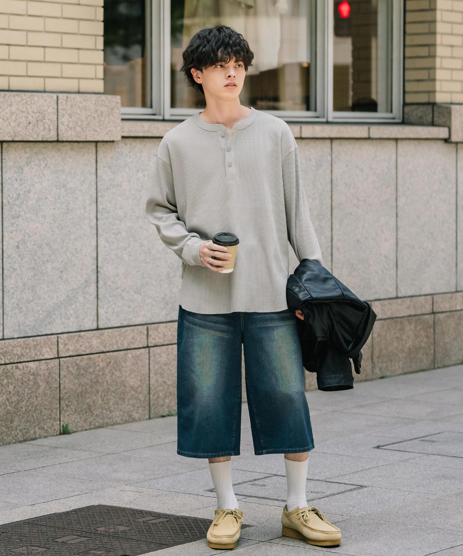 ロッキーモンロー Rocky Monroe Tシャツ 長袖 ワッフル ヘンリーネック メンズ レディース ロンT カットソー 無地 シンプル リラックス ルーズ レイヤード オールシーズン 14620 (グレー) グレー