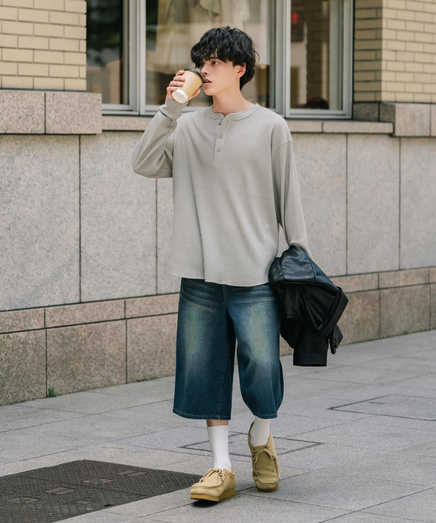 ロッキーモンロー Rocky Monroe Tシャツ 長袖 ワッフル ヘンリーネック メンズ レディース ロンT カットソー 無地 シンプル リラックス ルーズ レイヤード オールシーズン 14620 (グレー) グレー