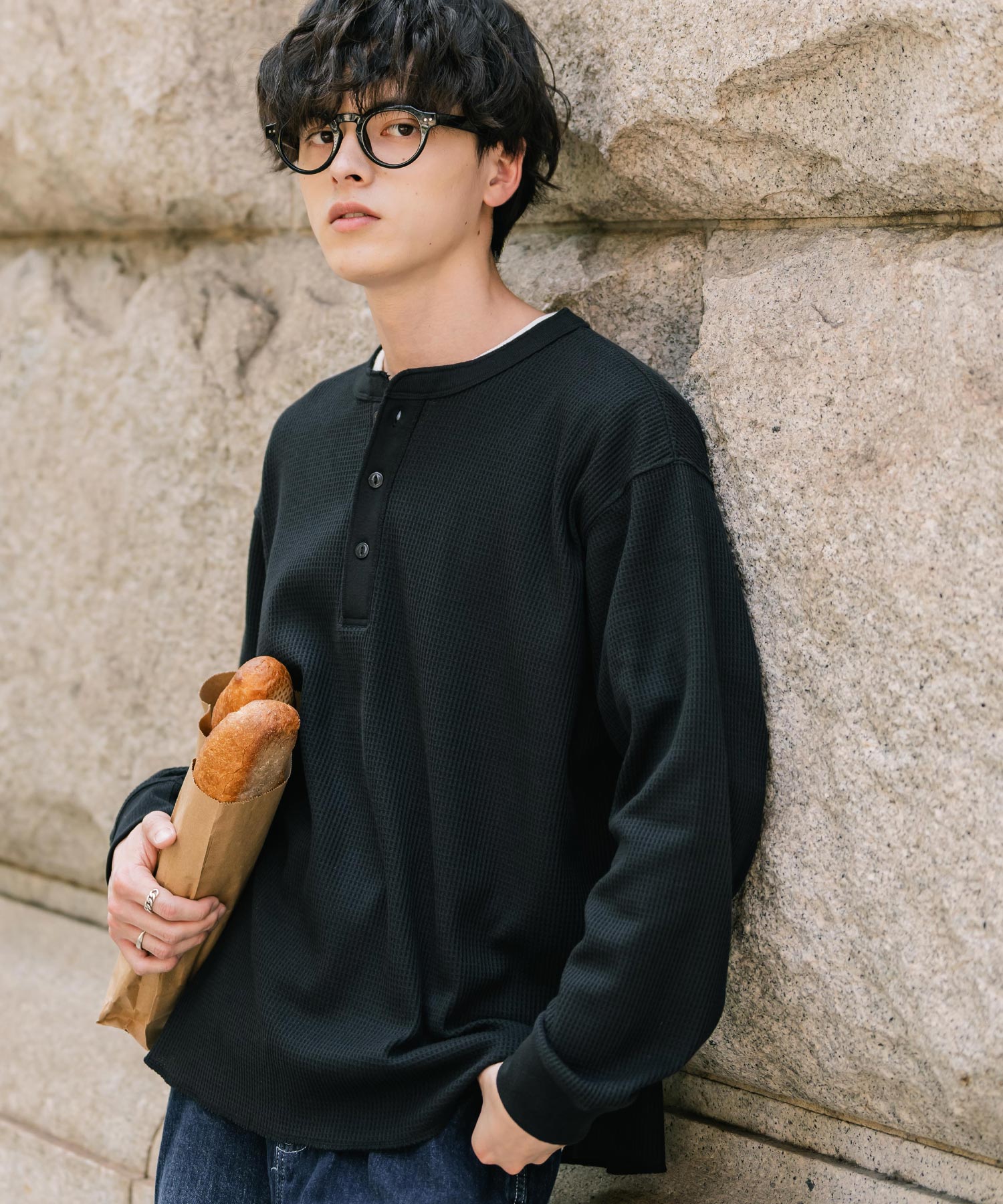 ロッキーモンロー Rocky Monroe Tシャツ 長袖 ワッフル ヘンリーネック メンズ レディース ロンT カットソー 無地 シンプル リラックス ルーズ レイヤード オールシーズン 14620 (グレー) グレー