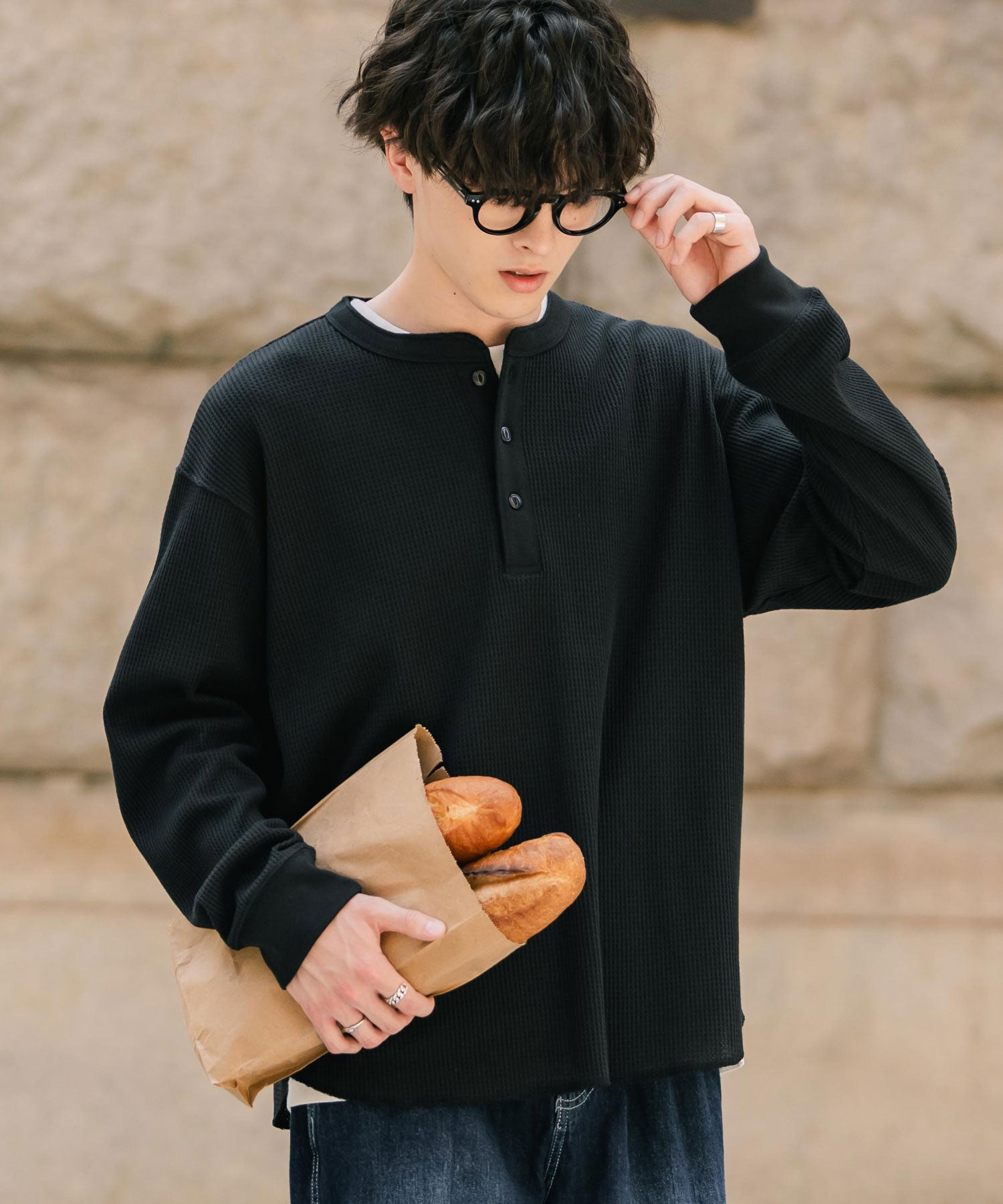 ロッキーモンロー Rocky Monroe Tシャツ 長袖 ワッフル ヘンリーネック メンズ レディース ロンT カットソー 無地 シンプル リラックス ルーズ レイヤード オールシーズン 14620 (グレー) グレー