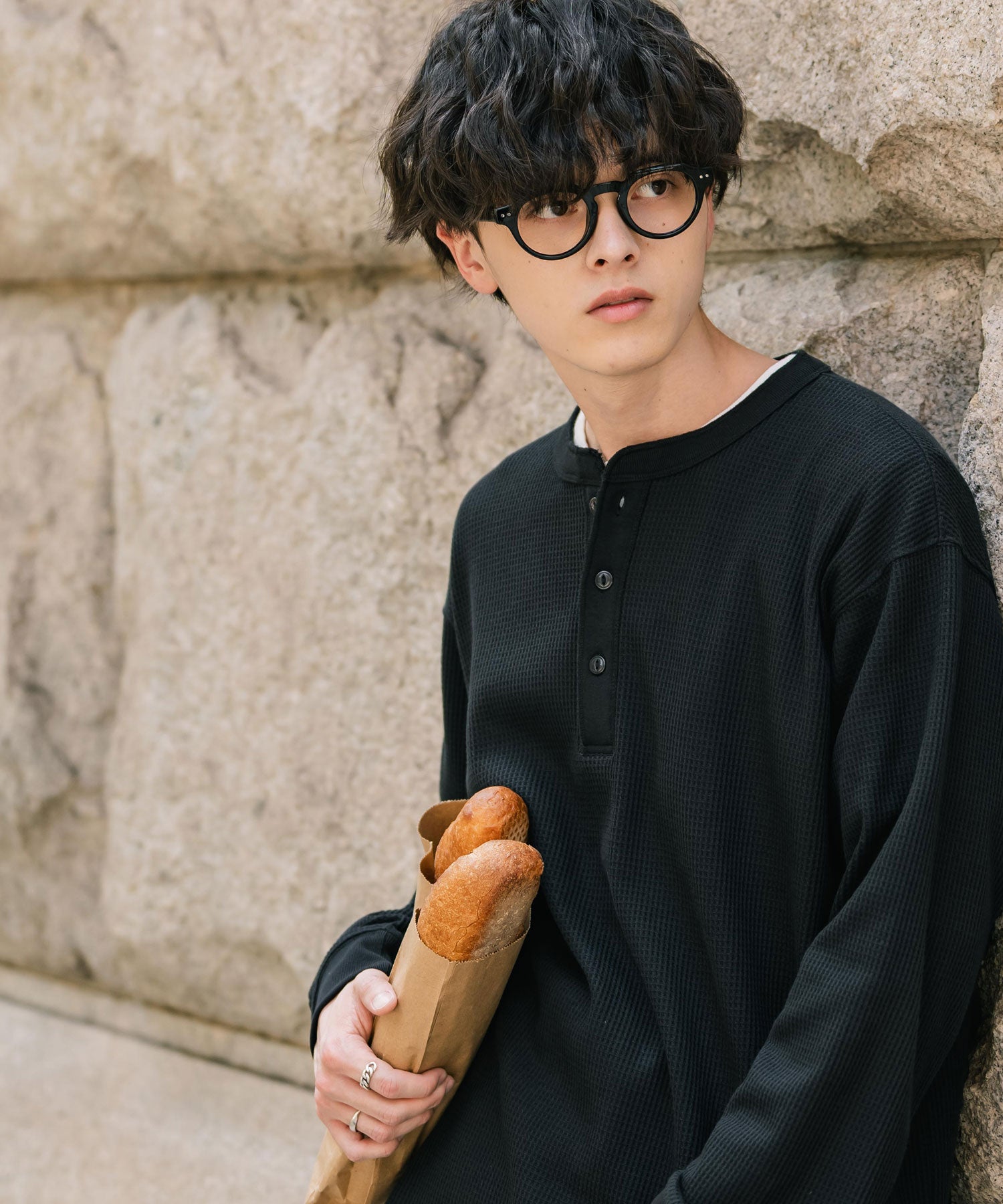 ロッキーモンロー Rocky Monroe Tシャツ 長袖 ワッフル ヘンリーネック メンズ レディース ロンT カットソー 無地 シンプル リラックス ルーズ レイヤード オールシーズン 14620 (グレー) グレー