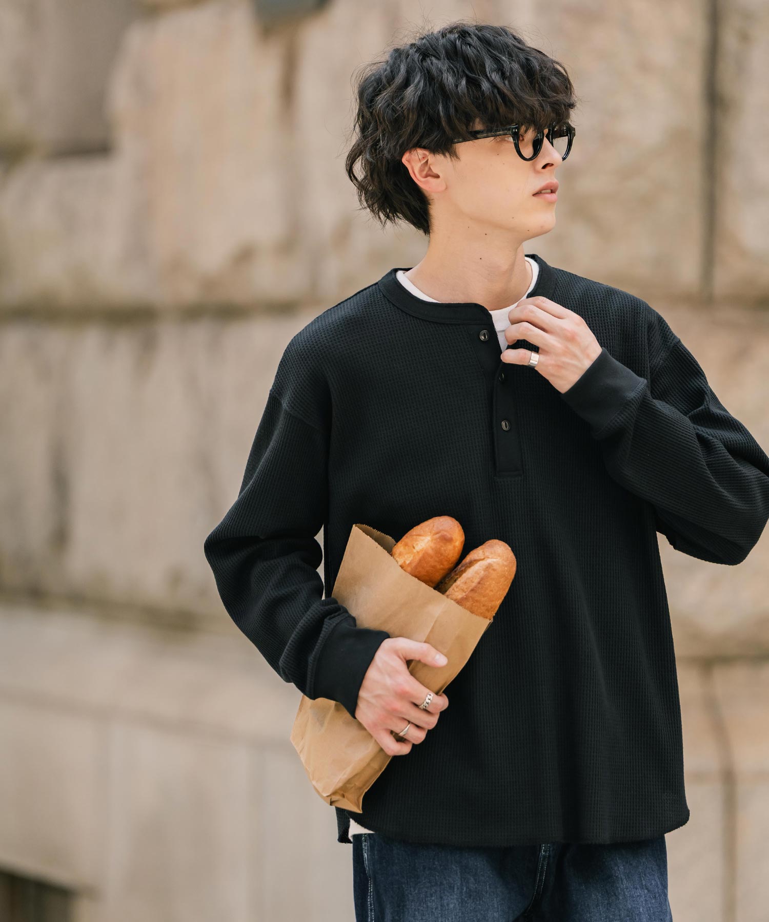 ロッキーモンロー Rocky Monroe Tシャツ 長袖 ワッフル ヘンリーネック メンズ レディース ロンT カットソー 無地 シンプル リラックス ルーズ レイヤード オールシーズン 14620 (グレー) グレー