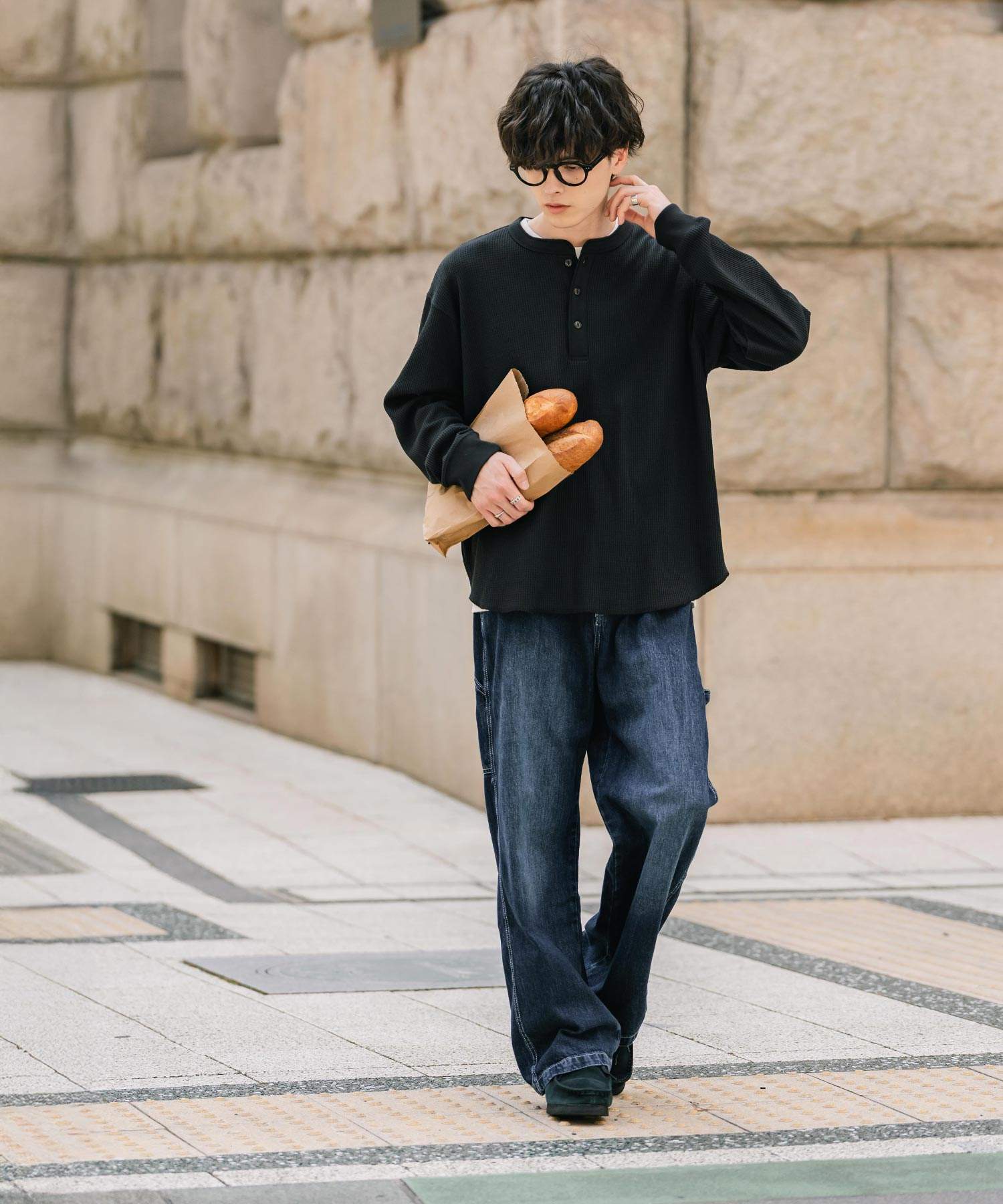 ロッキーモンロー Rocky Monroe Tシャツ 長袖 ワッフル ヘンリーネック メンズ レディース ロンT カットソー 無地 シンプル リラックス ルーズ レイヤード オールシーズン 14620 (グレー) グレー