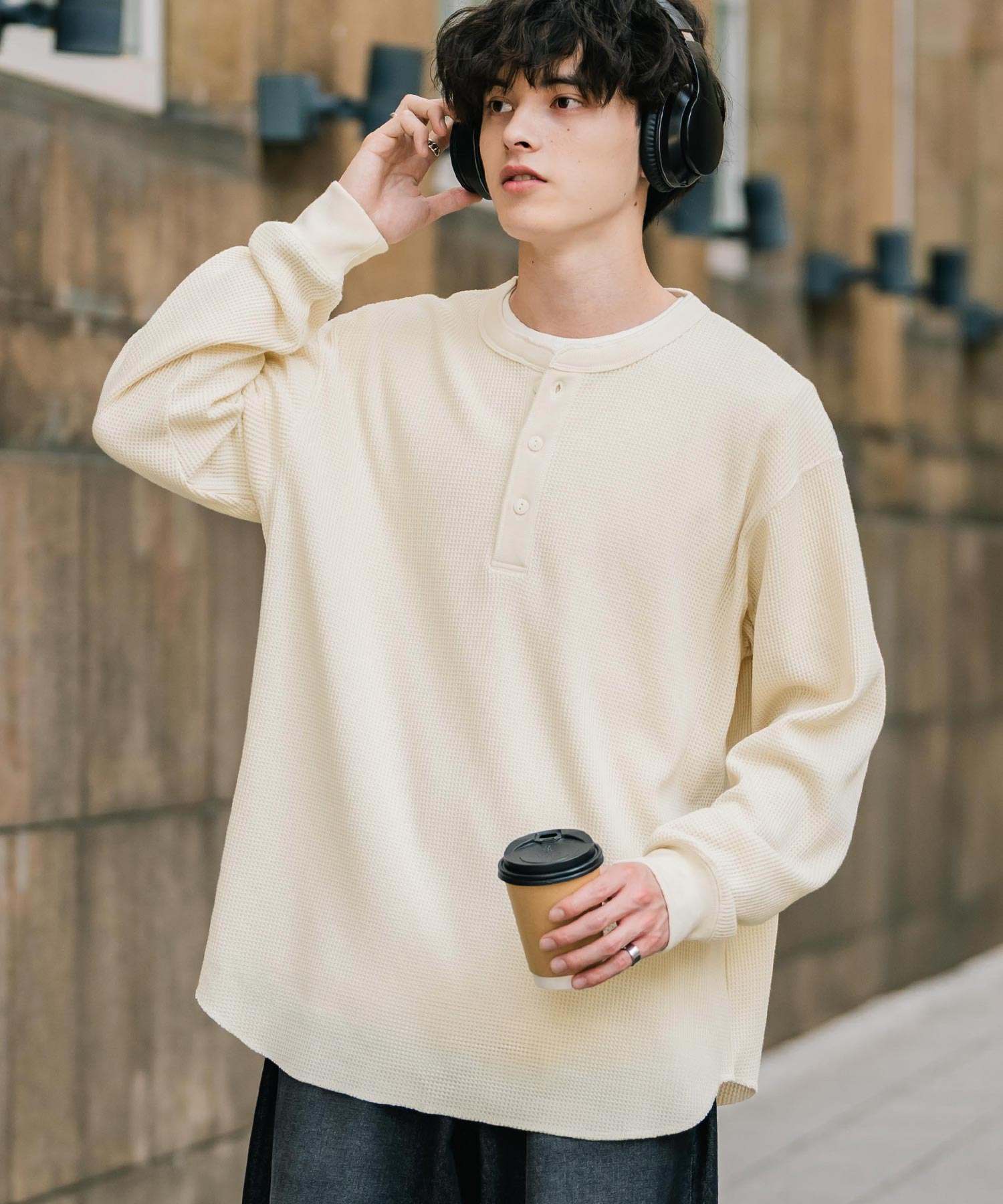 ロッキーモンロー Rocky Monroe Tシャツ 長袖 ワッフル ヘンリーネック メンズ レディース ロンT カットソー 無地 シンプル リラックス ルーズ レイヤード オールシーズン 14620 (グレー) グレー