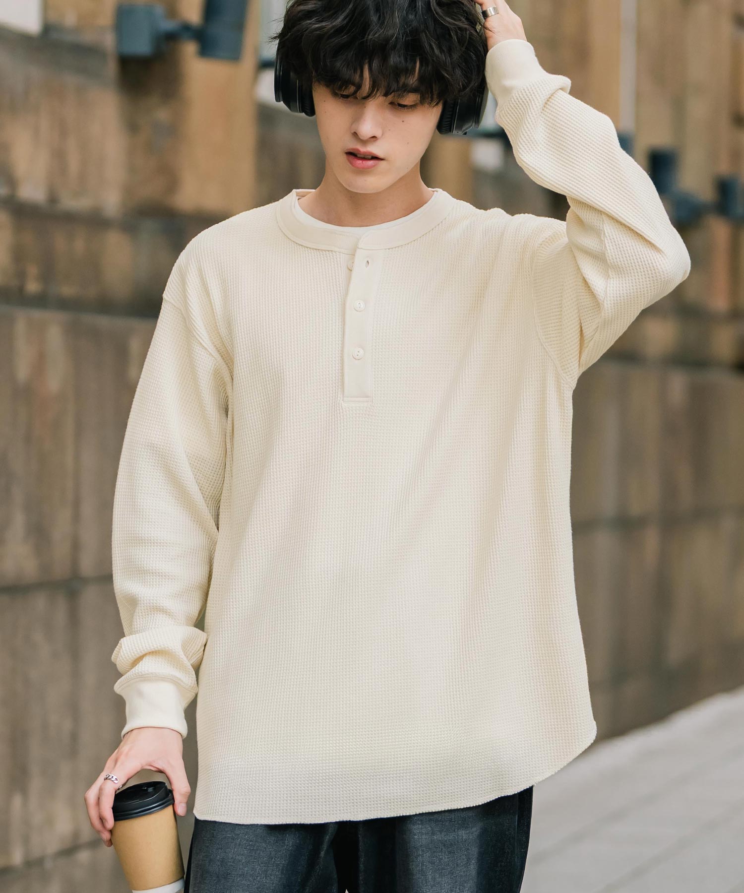 ロッキーモンロー Rocky Monroe Tシャツ 長袖 ワッフル ヘンリーネック メンズ レディース ロンT カットソー 無地 シンプル リラックス ルーズ レイヤード オールシーズン 14620 (グレー) グレー