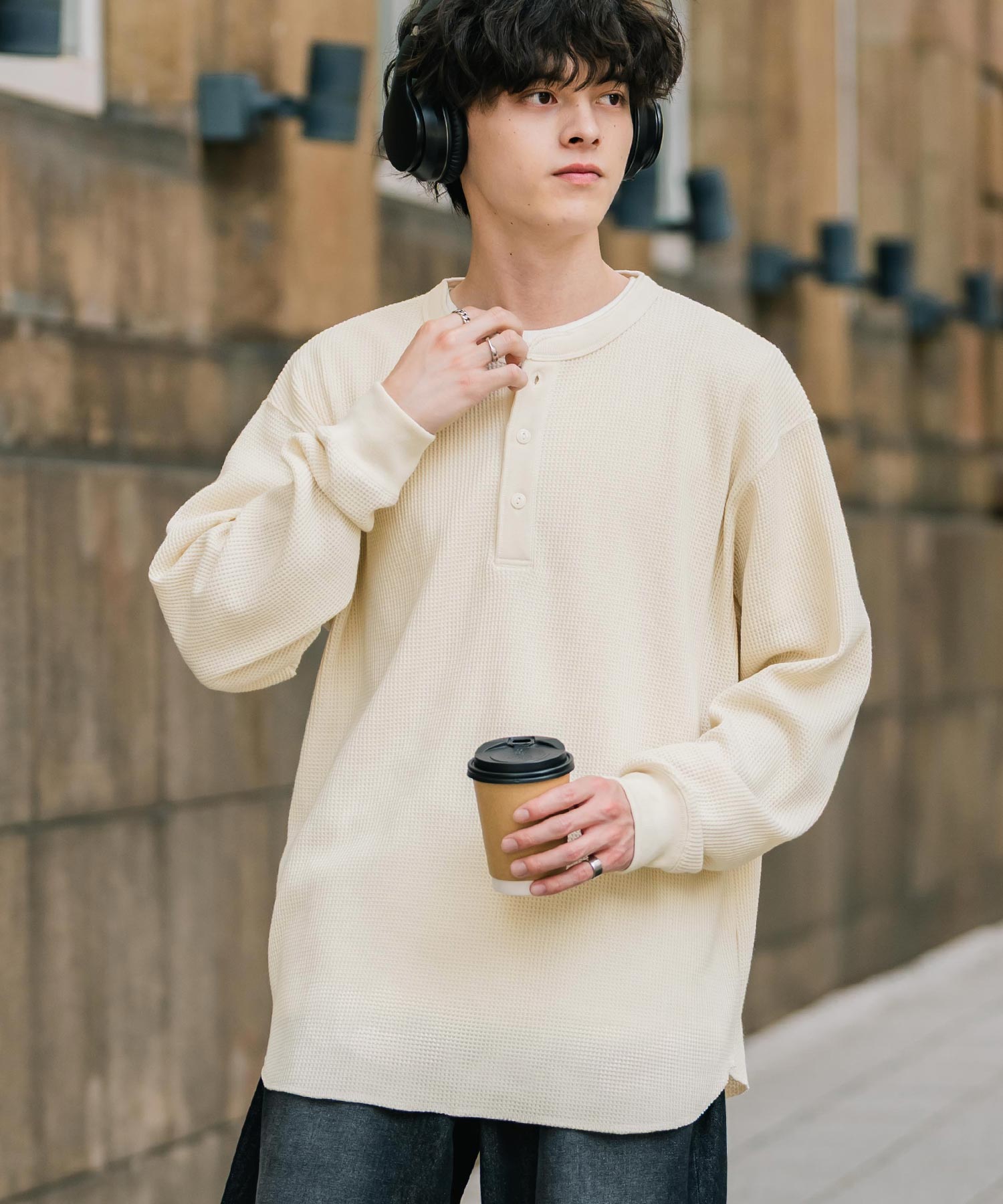 ロッキーモンロー Rocky Monroe Tシャツ 長袖 ワッフル ヘンリーネック メンズ レディース ロンT カットソー 無地 シンプル リラックス ルーズ レイヤード オールシーズン 14620 (グレー) グレー