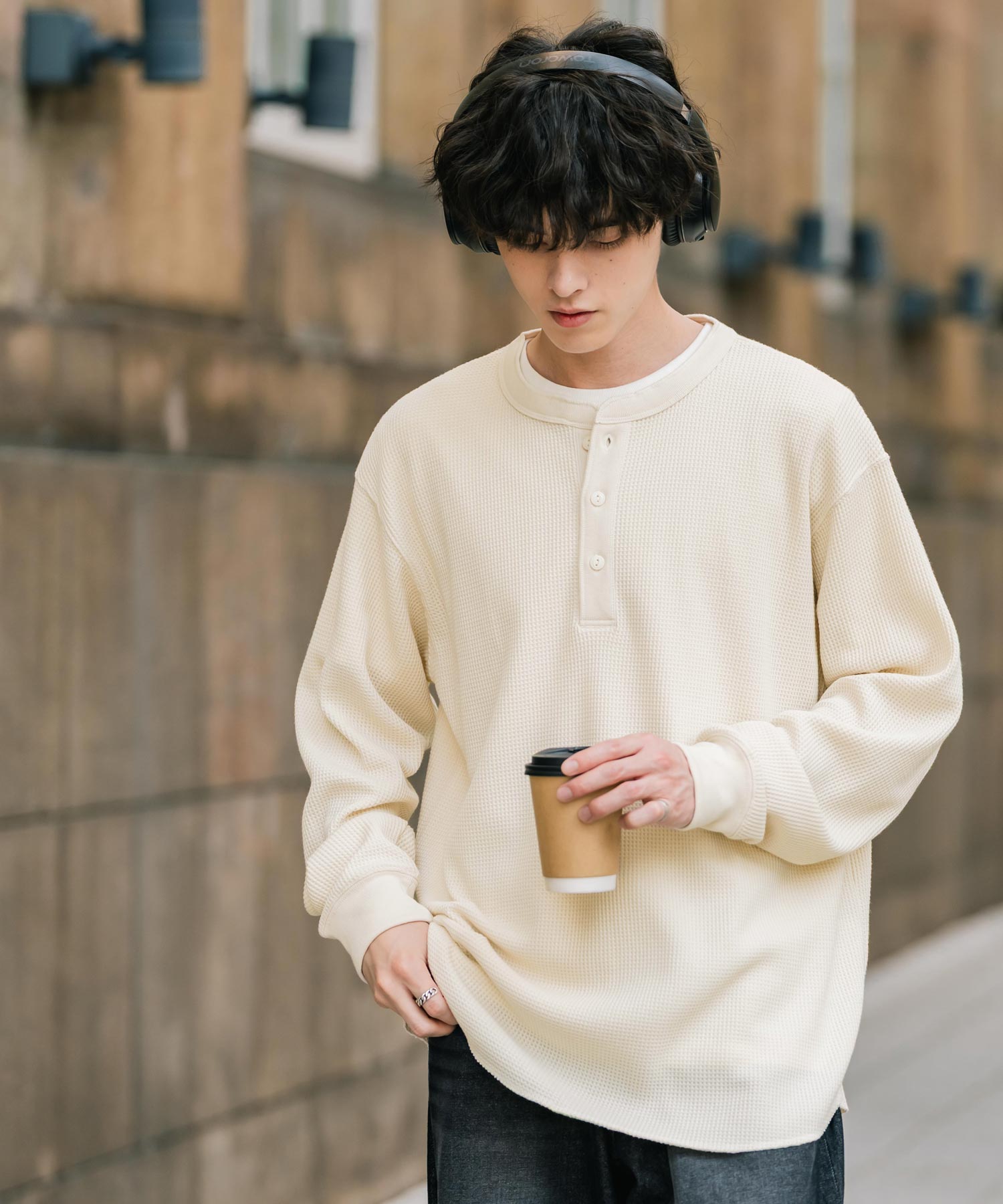 ロッキーモンロー Rocky Monroe Tシャツ 長袖 ワッフル ヘンリーネック メンズ レディース ロンT カットソー 無地 シンプル リラックス ルーズ レイヤード オールシーズン 14620 (グレー) グレー