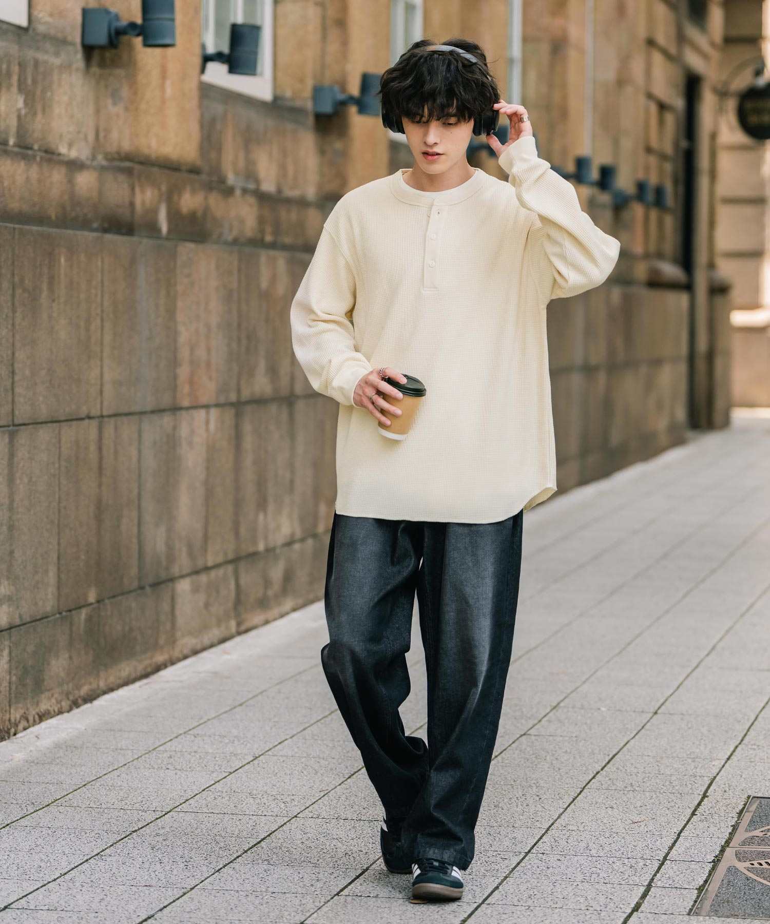 ロッキーモンロー Rocky Monroe Tシャツ 長袖 ワッフル ヘンリーネック メンズ レディース ロンT カットソー 無地 シンプル リラックス ルーズ レイヤード オールシーズン 14620 (グレー) グレー