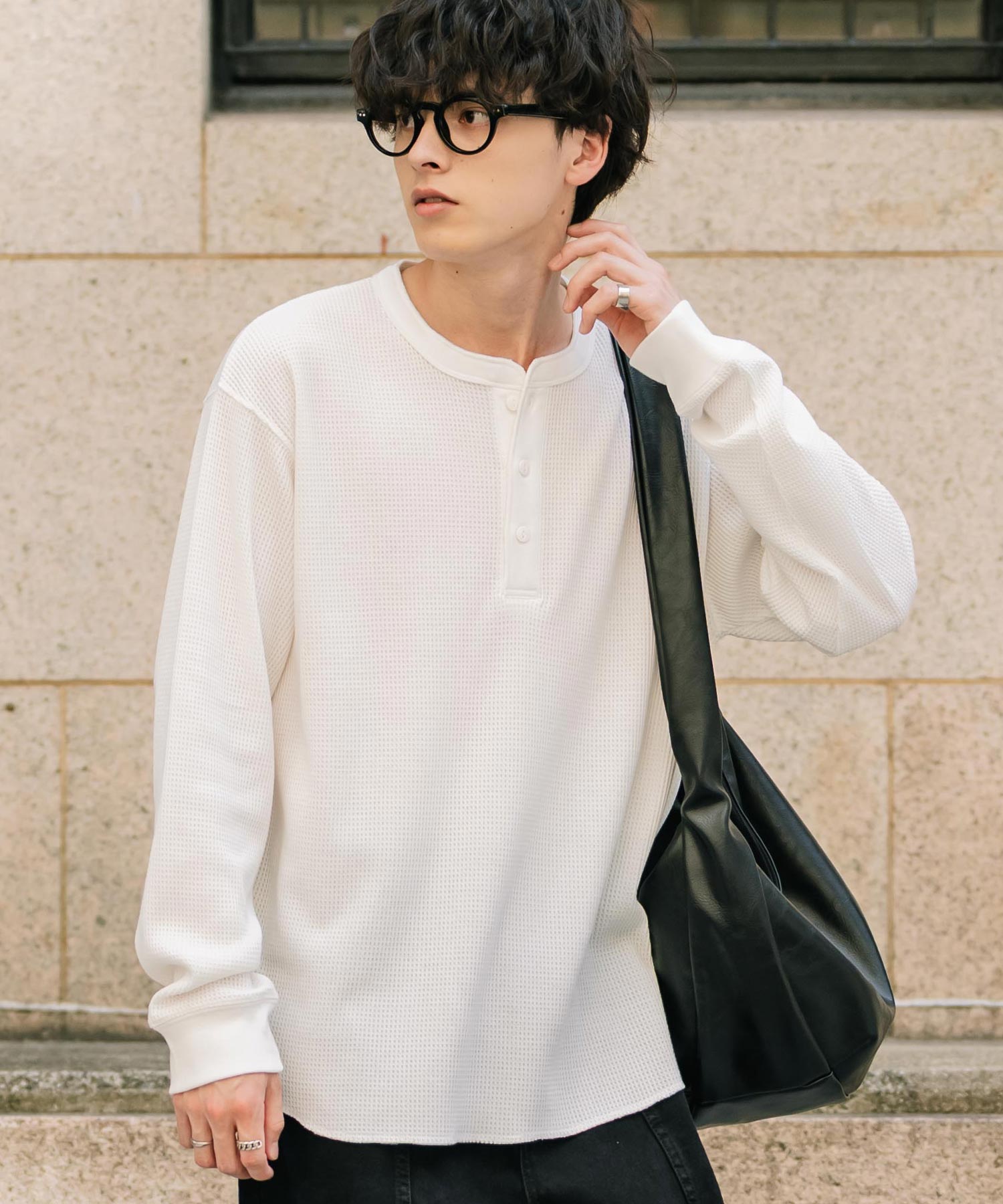 ロッキーモンロー Rocky Monroe Tシャツ 長袖 ワッフル ヘンリーネック メンズ レディース ロンT カットソー 無地 シンプル リラックス ルーズ レイヤード オールシーズン 14620 (グレー) グレー