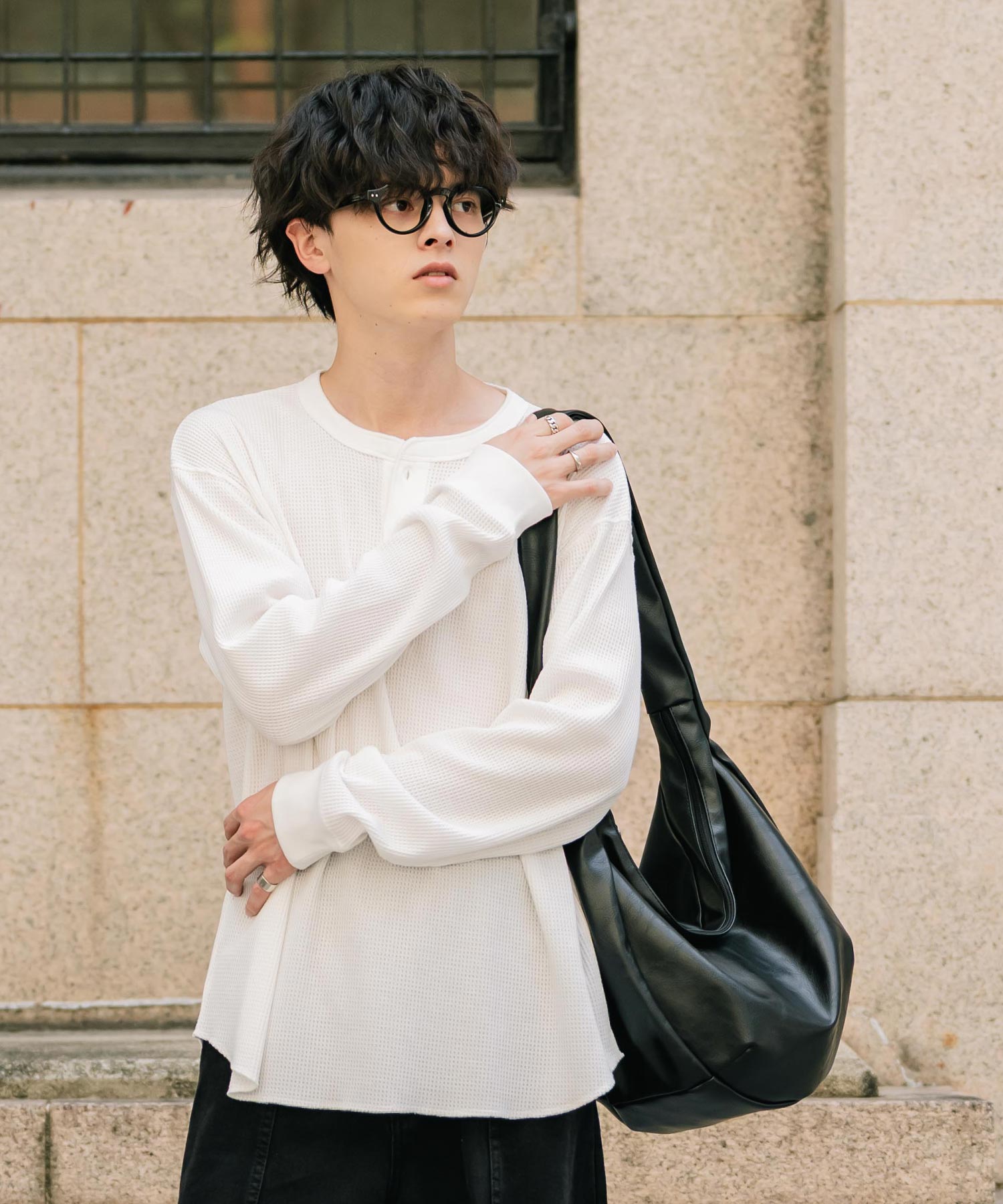 ロッキーモンロー Rocky Monroe Tシャツ 長袖 ワッフル ヘンリーネック メンズ レディース ロンT カットソー 無地 シンプル リラックス ルーズ レイヤード オールシーズン 14620 (グレー) グレー