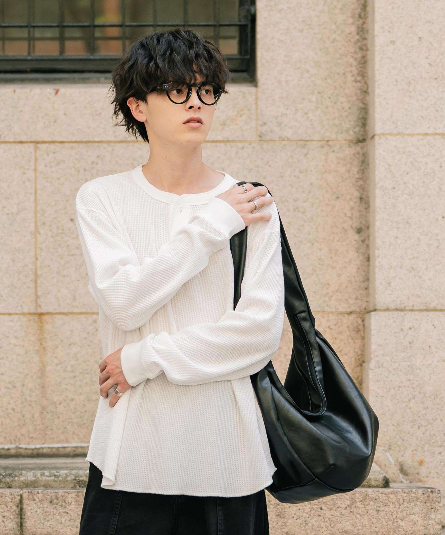 ロッキーモンロー Rocky Monroe Tシャツ 長袖 ワッフル ヘンリーネック メンズ レディース ロンT カットソー 無地 シンプル リラックス ルーズ レイヤード オールシーズン 14620 (グレー) グレー