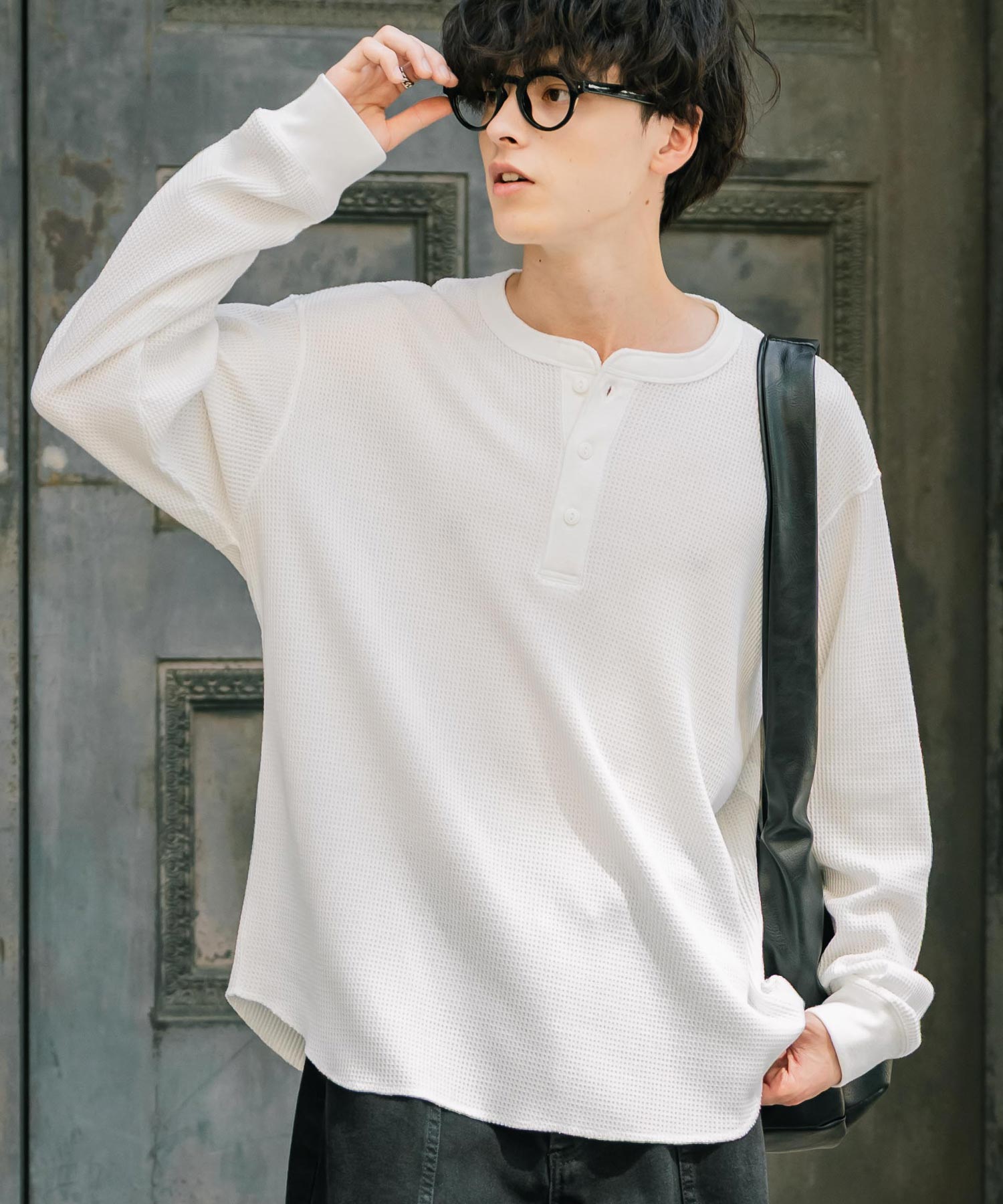 ロッキーモンロー Rocky Monroe Tシャツ 長袖 ワッフル ヘンリーネック メンズ レディース ロンT カットソー 無地 シンプル リラックス ルーズ レイヤード オールシーズン 14620 (グレー) グレー