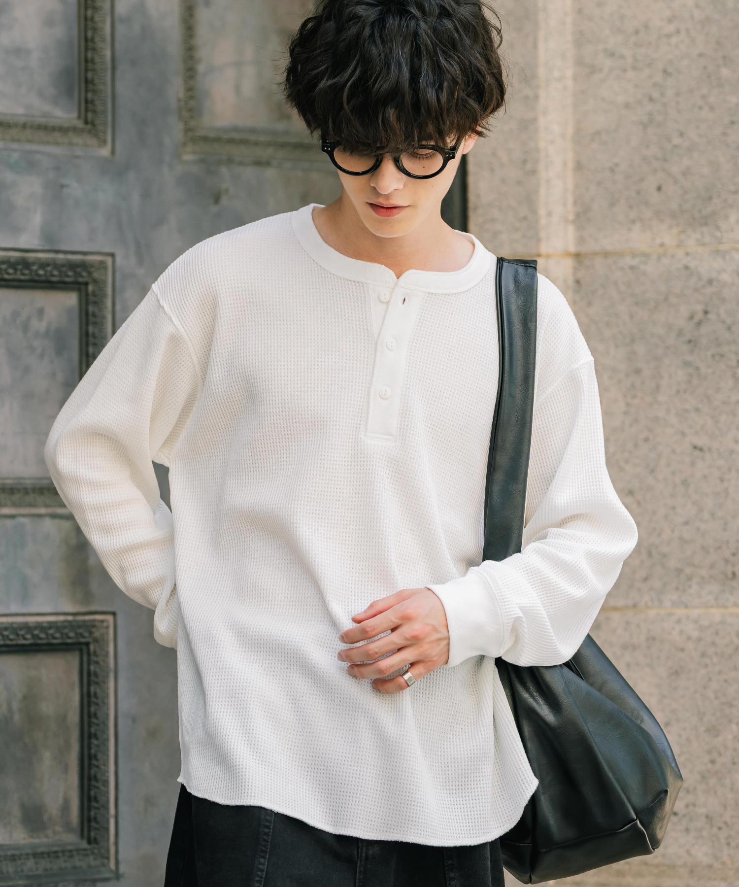 ロッキーモンロー Rocky Monroe Tシャツ 長袖 ワッフル ヘンリーネック メンズ レディース ロンT カットソー 無地 シンプル リラックス ルーズ レイヤード オールシーズン 14620 (グレー) グレー