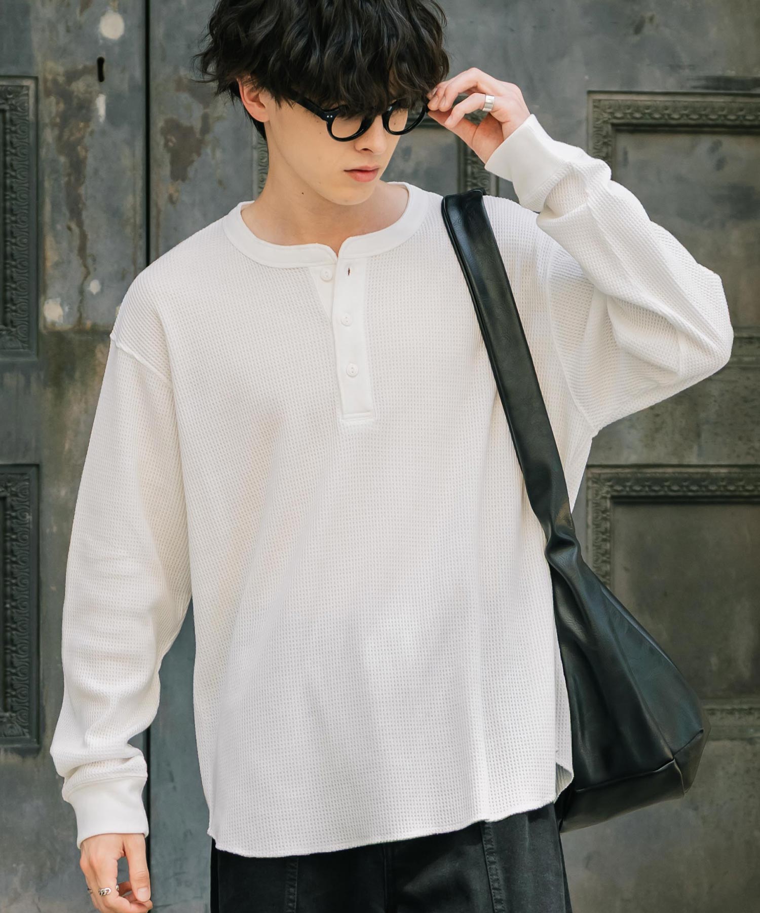 ロッキーモンロー Rocky Monroe Tシャツ 長袖 ワッフル ヘンリーネック メンズ レディース ロンT カットソー 無地 シンプル リラックス ルーズ レイヤード オールシーズン 14620 (ホワイト) ホワイト