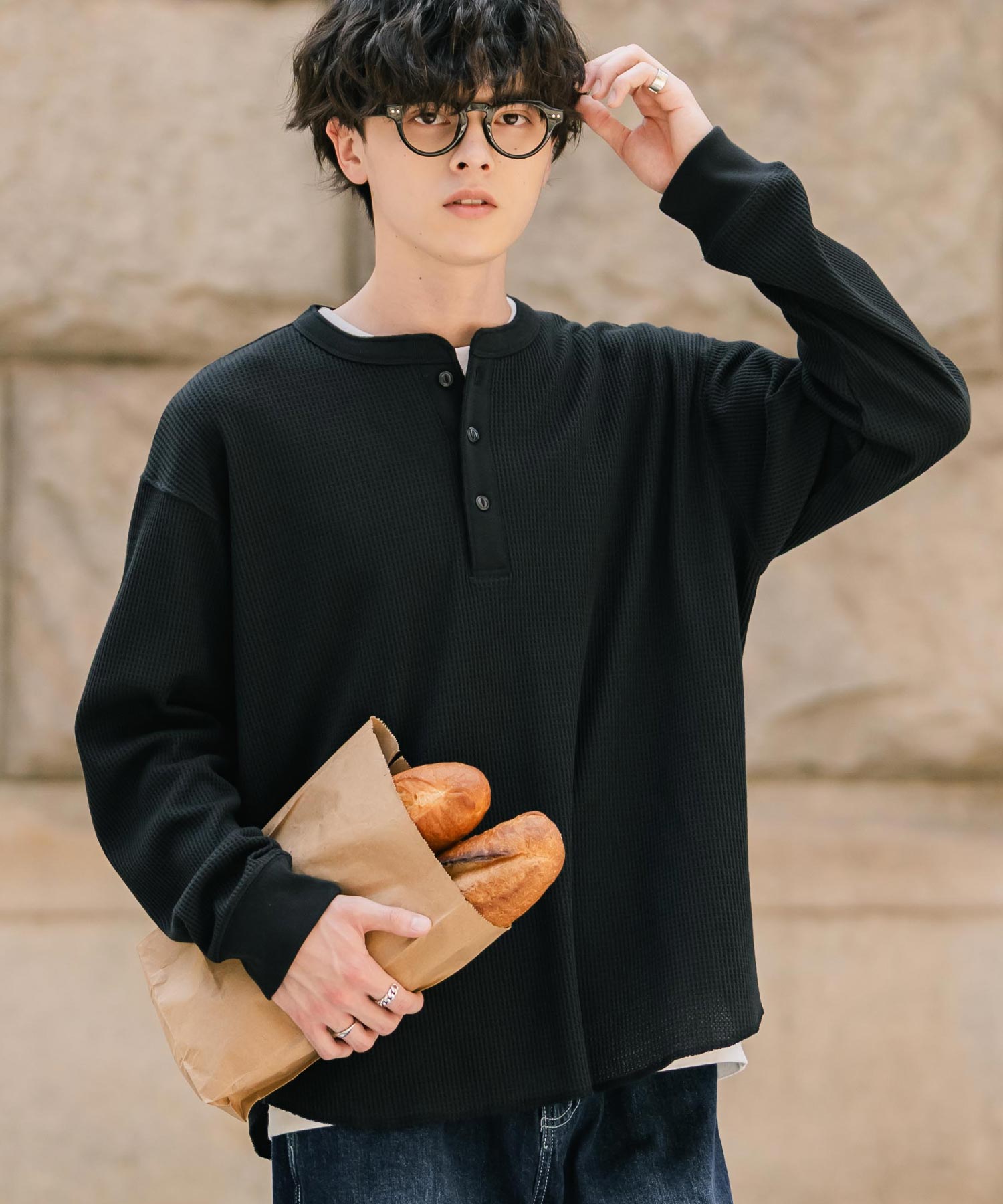 ロッキーモンロー Rocky Monroe Tシャツ 長袖 ワッフル ヘンリーネック メンズ レディース ロンT カットソー 無地 シンプル リラックス ルーズ レイヤード オールシーズン 14620 (ブラック) ブラック