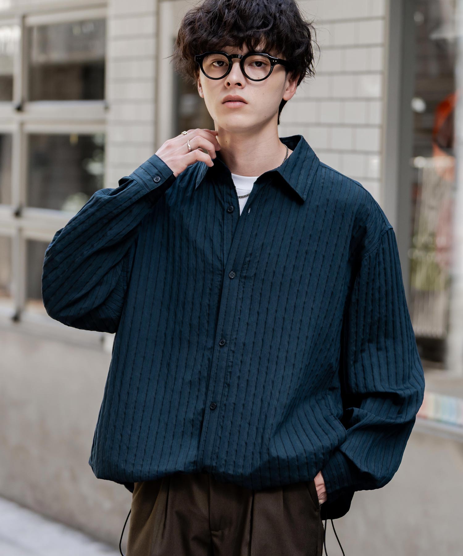 ロッキーモンロー Rocky Monroe シャツジャケット シャツ 長袖 メンズ レディース レギュラーカラー ドローコード バルーンシルエット オーバーサイズ ビッグシルエット リラックス 14761 (ネイビー(ストライプ)) ネイビー(ストライプ)