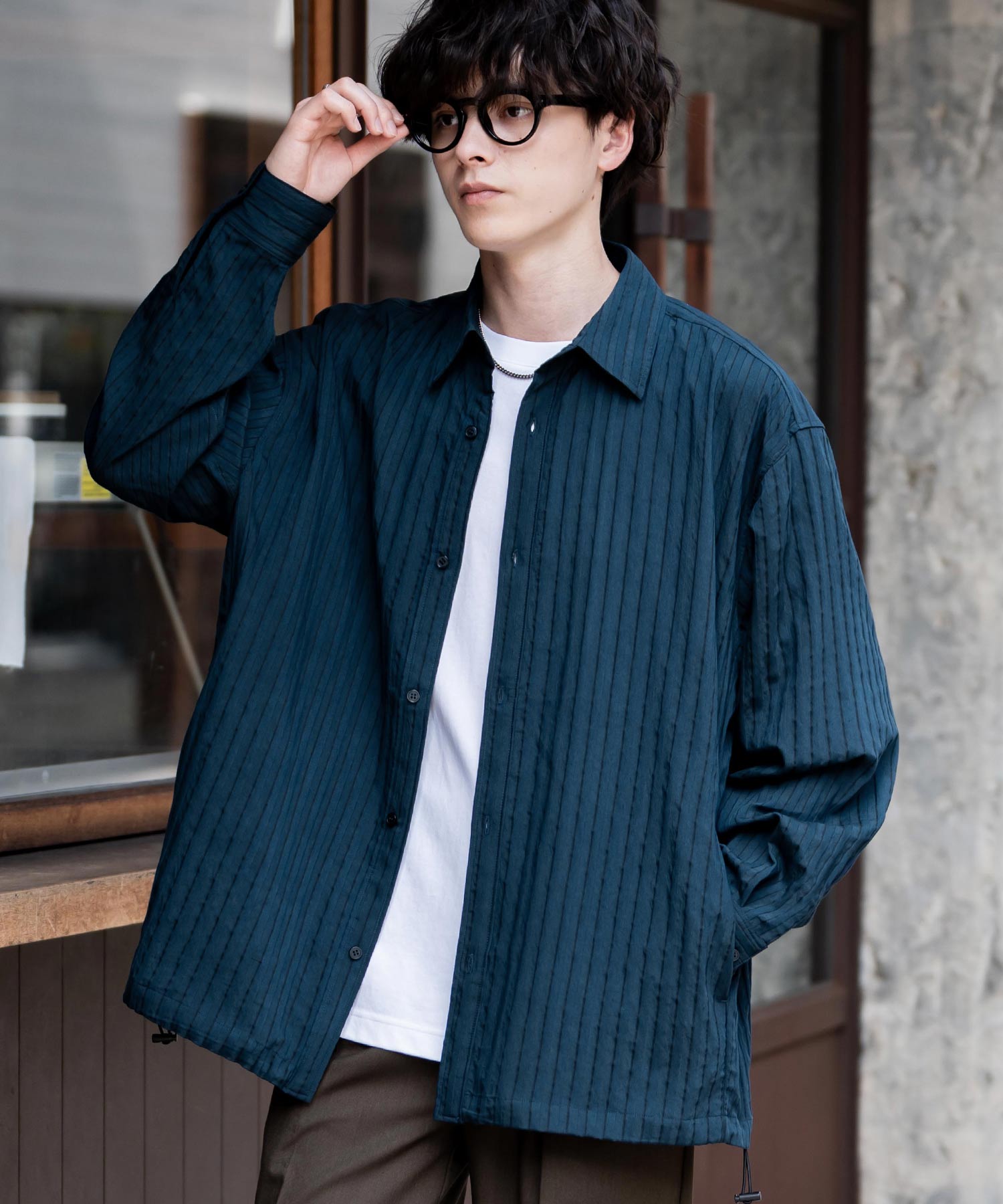 ロッキーモンロー Rocky Monroe シャツジャケット シャツ 長袖 メンズ レディース レギュラーカラー ドローコード バルーンシルエット オーバーサイズ ビッグシルエット リラックス 14761 (ネイビー(ストライプ)) ネイビー(ストライプ)