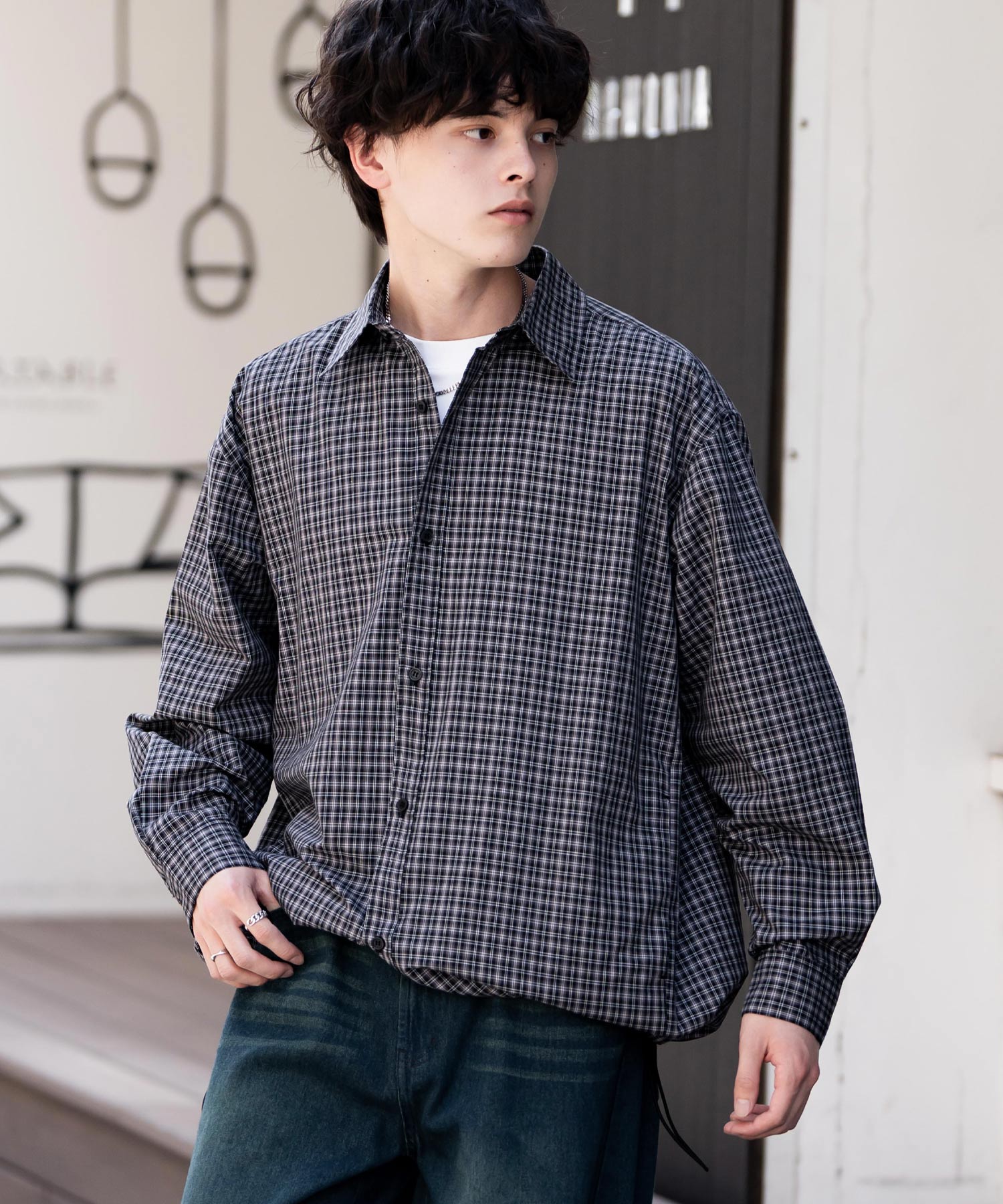 ロッキーモンロー Rocky Monroe シャツジャケット シャツ 長袖 メンズ レディース レギュラーカラー ドローコード バルーンシルエット オーバーサイズ ビッグシルエット リラックス 14761 (ネイビー(ストライプ)) ネイビー(ストライプ)