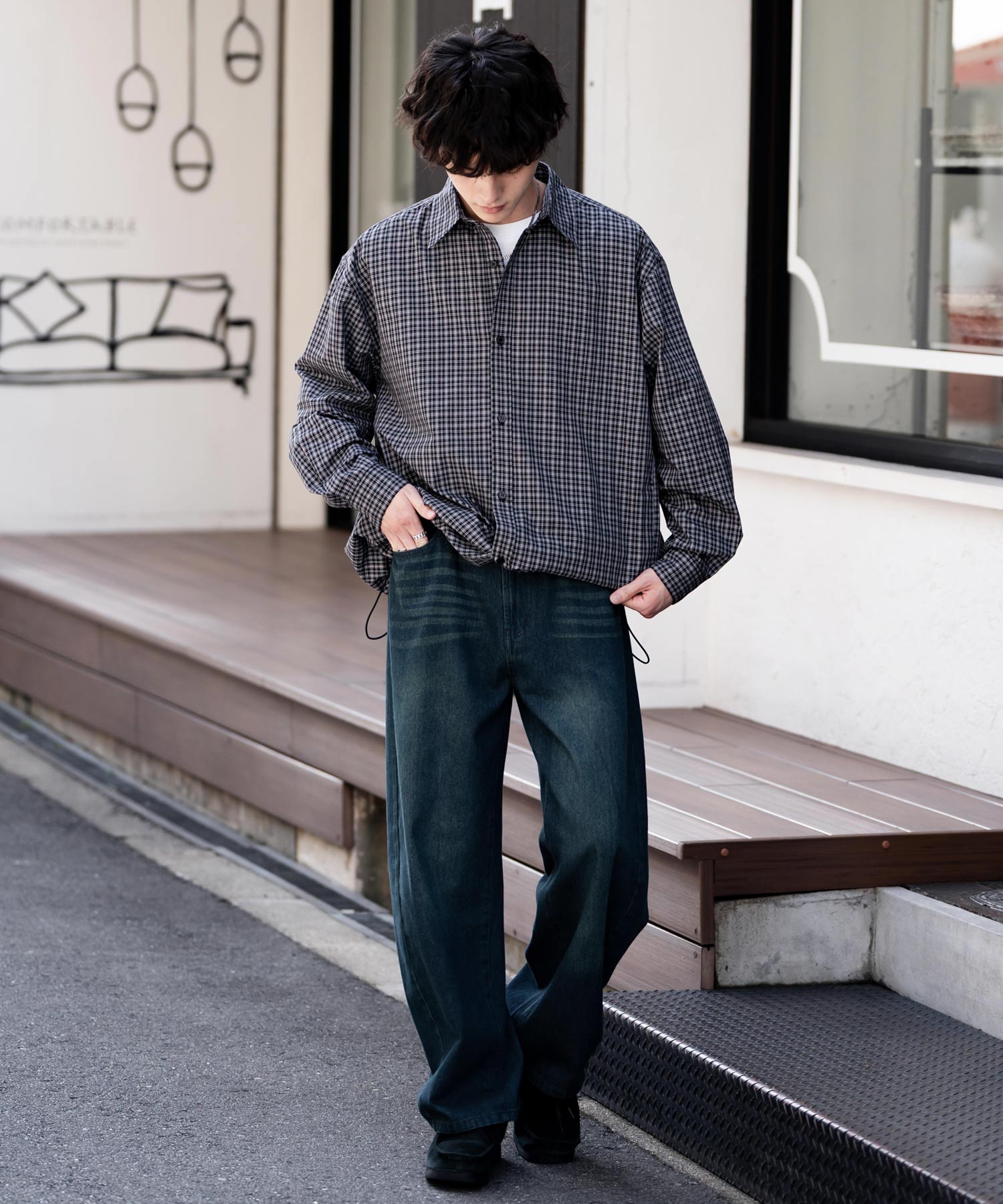 ロッキーモンロー Rocky Monroe シャツジャケット シャツ 長袖 メンズ レディース レギュラーカラー ドローコード バルーンシルエット オーバーサイズ ビッグシルエット リラックス 14761 (ネイビー(ストライプ)) ネイビー(ストライプ)