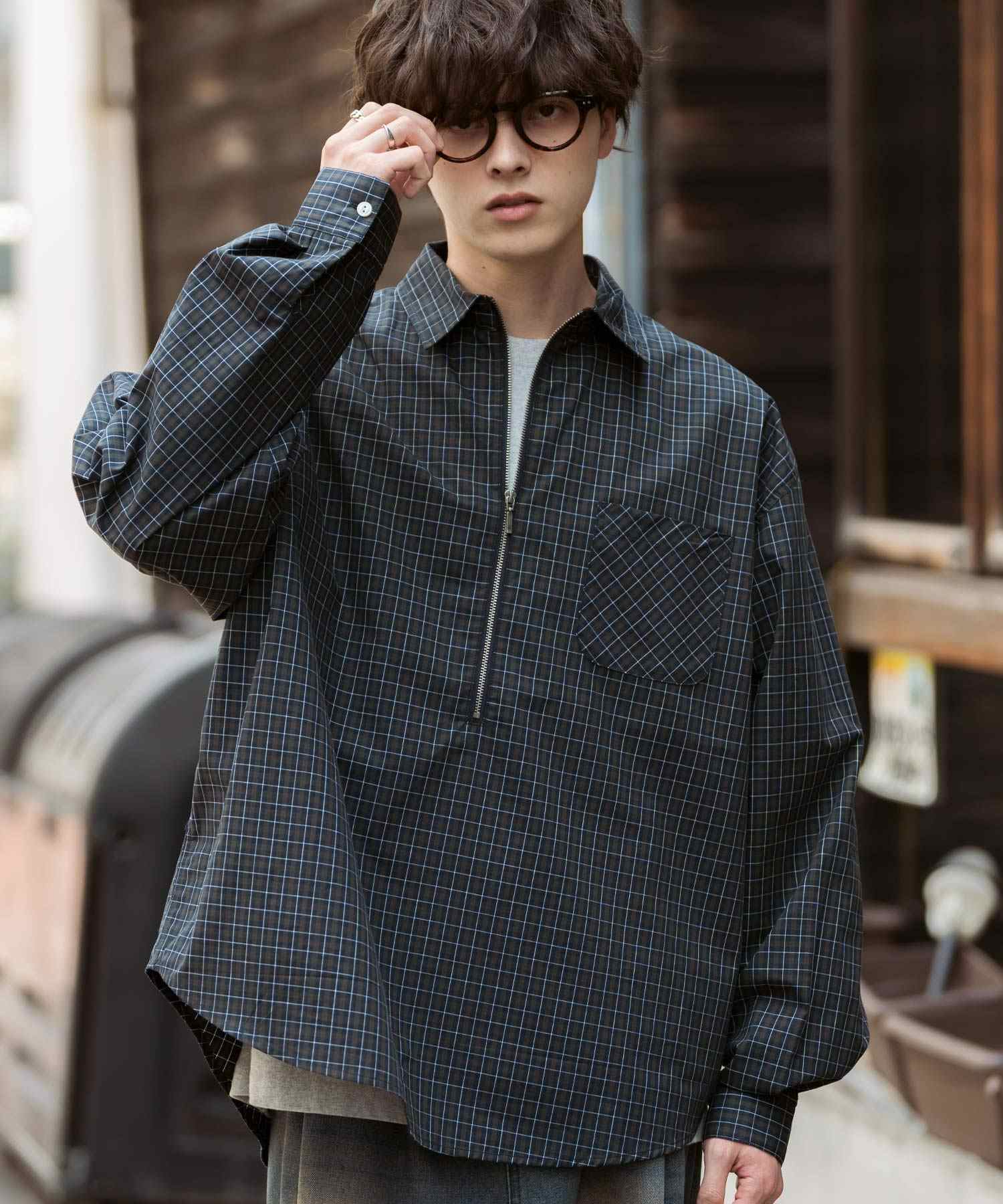 ロッキーモンロー Rocky Monroe チェックシャツ ハーフジップ 長袖 メンズ レディース ネルシャツ オンブレ 総柄 オーバーサイズ ビッグシルエット ルーズ リラックス ゆったり 14762 (ネイビーチェック) ネイビーチェック