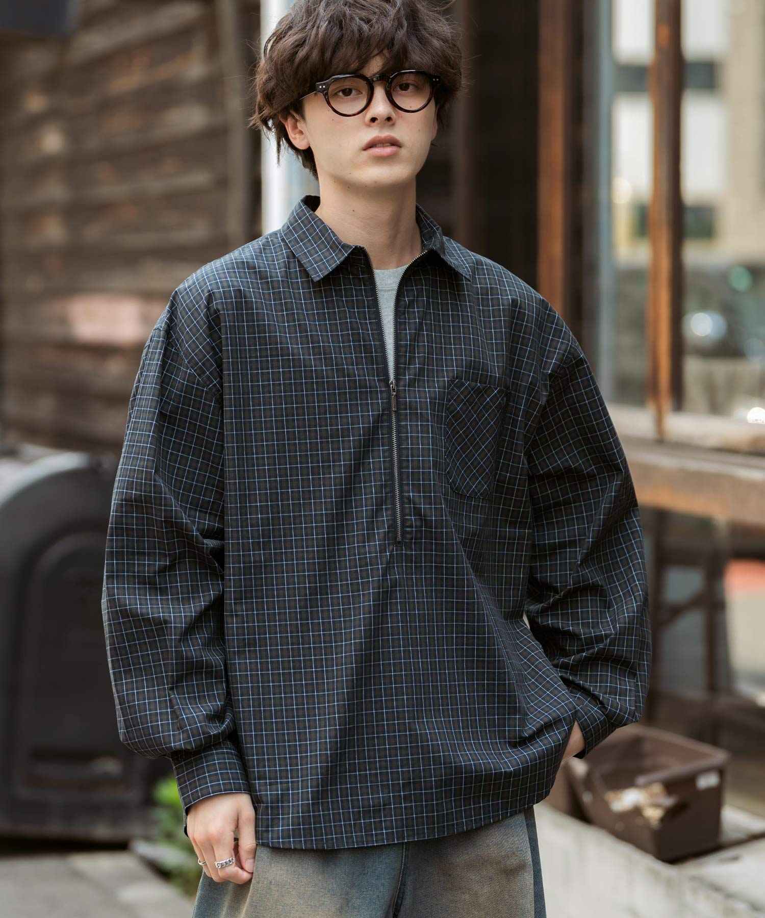 ロッキーモンロー Rocky Monroe チェックシャツ ハーフジップ 長袖 メンズ レディース ネルシャツ オンブレ 総柄 オーバーサイズ ビッグシルエット ルーズ リラックス ゆったり 14762 (ネイビーチェック) ネイビーチェック