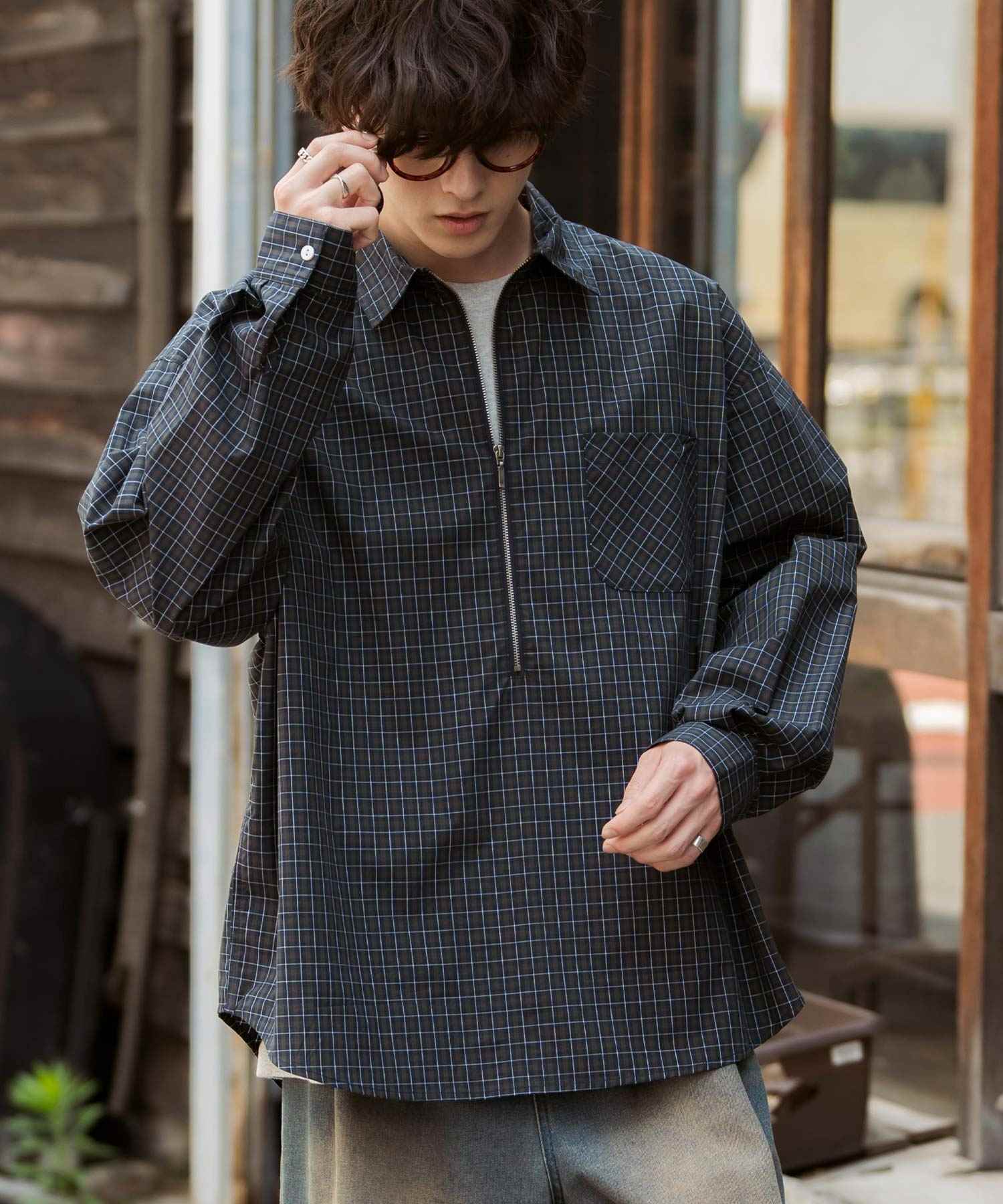 ロッキーモンロー Rocky Monroe チェックシャツ ハーフジップ 長袖 メンズ レディース ネルシャツ オンブレ 総柄 オーバーサイズ ビッグシルエット ルーズ リラックス ゆったり 14762 (ネイビーチェック) ネイビーチェック