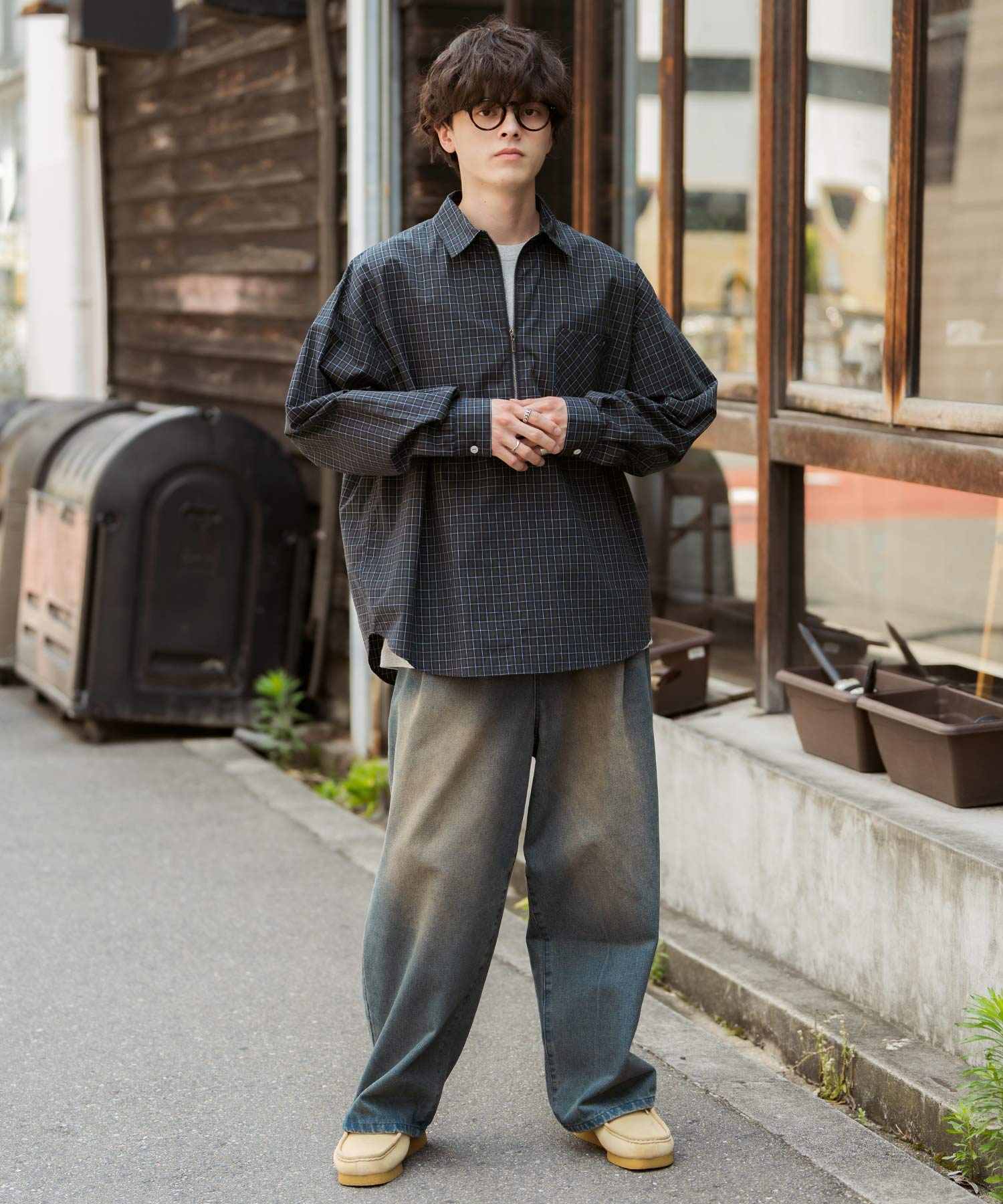 ロッキーモンロー Rocky Monroe チェックシャツ ハーフジップ 長袖 メンズ レディース ネルシャツ オンブレ 総柄 オーバーサイズ ビッグシルエット ルーズ リラックス ゆったり 14762 (ネイビーチェック) ネイビーチェック