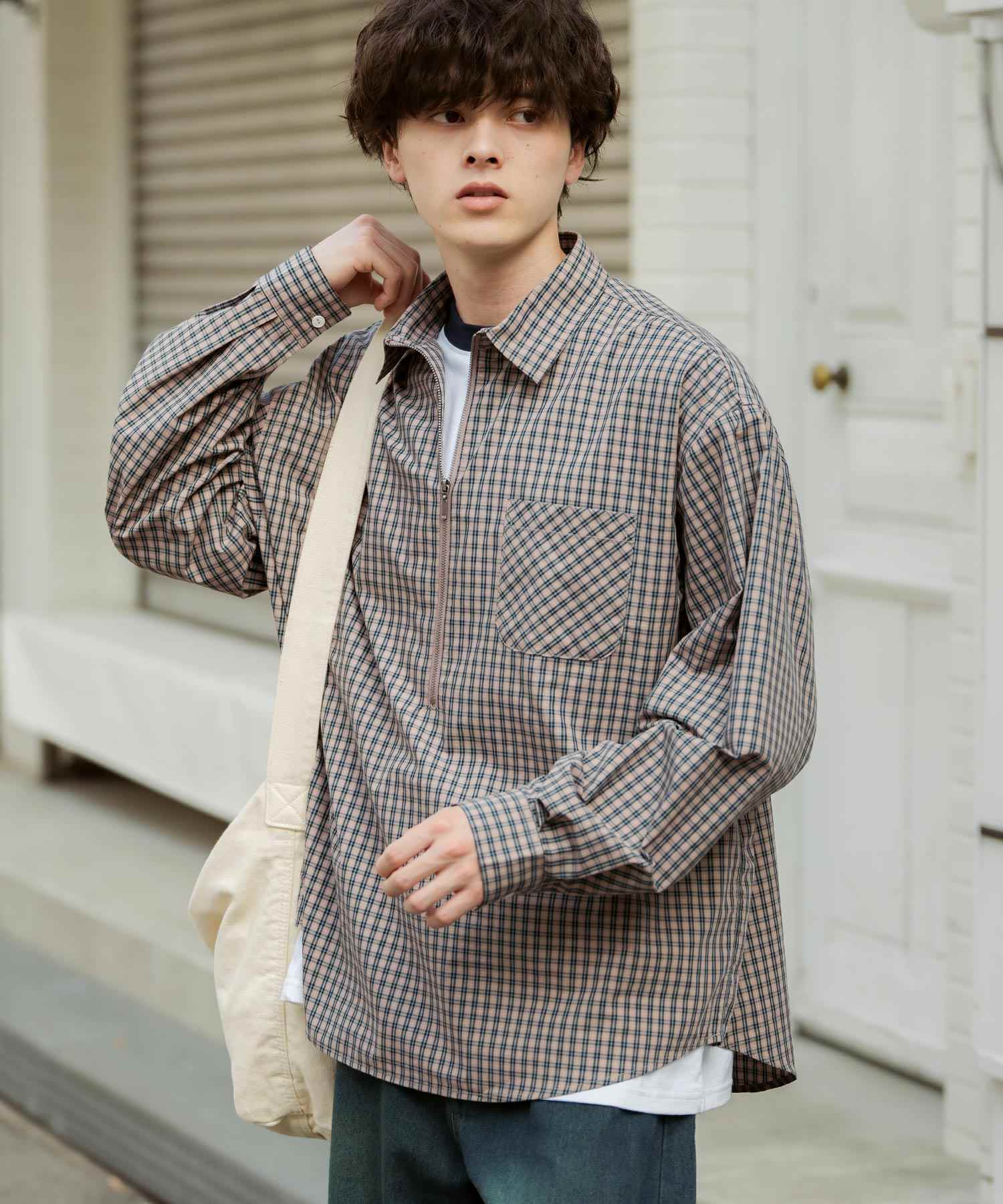 ロッキーモンロー Rocky Monroe チェックシャツ ハーフジップ 長袖 メンズ レディース ネルシャツ オンブレ 総柄 オーバーサイズ ビッグシルエット ルーズ リラックス ゆったり 14762 (ネイビーチェック) ネイビーチェック