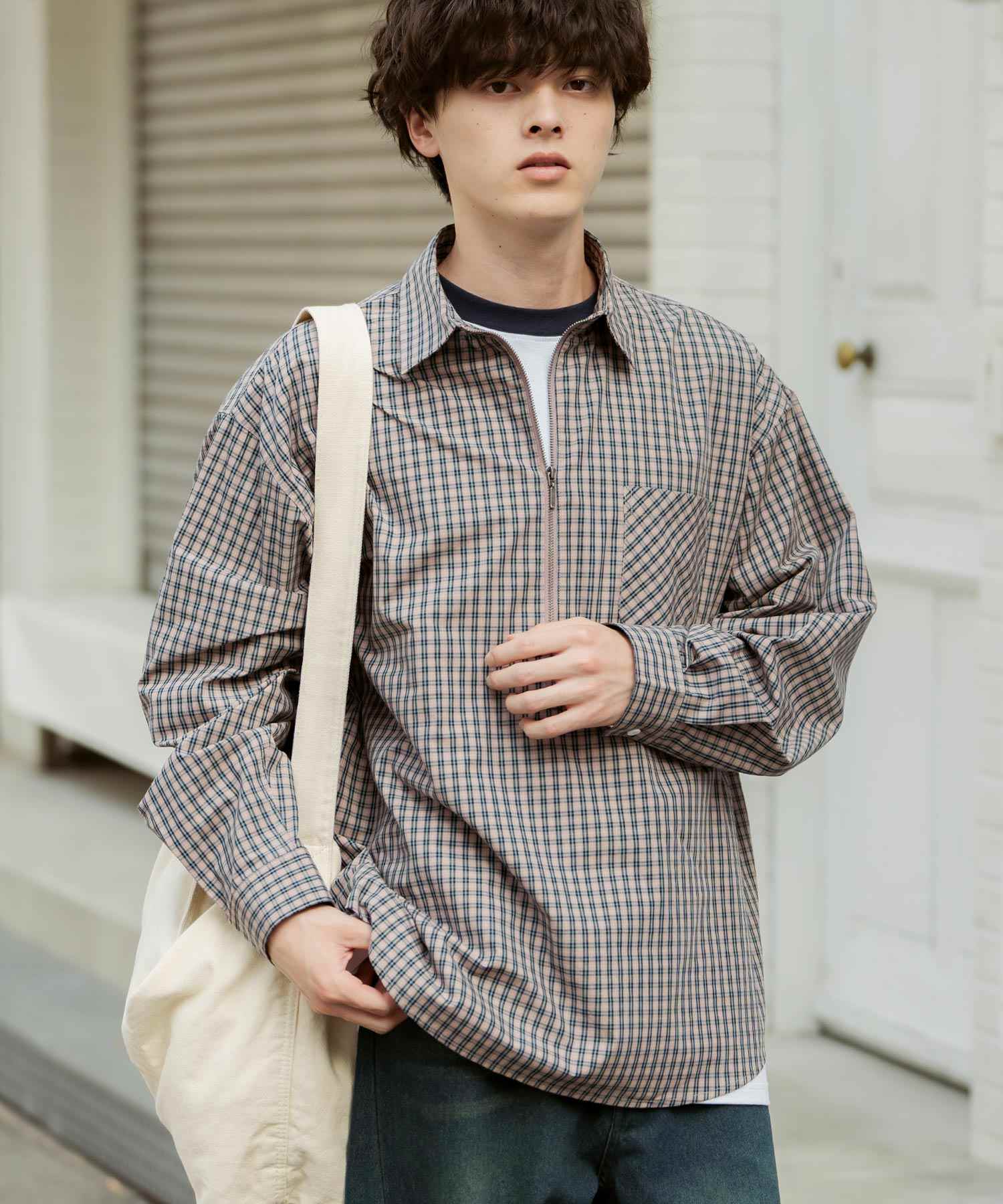 ロッキーモンロー Rocky Monroe チェックシャツ ハーフジップ 長袖 メンズ レディース ネルシャツ オンブレ 総柄 オーバーサイズ ビッグシルエット ルーズ リラックス ゆったり 14762 (ネイビーチェック) ネイビーチェック