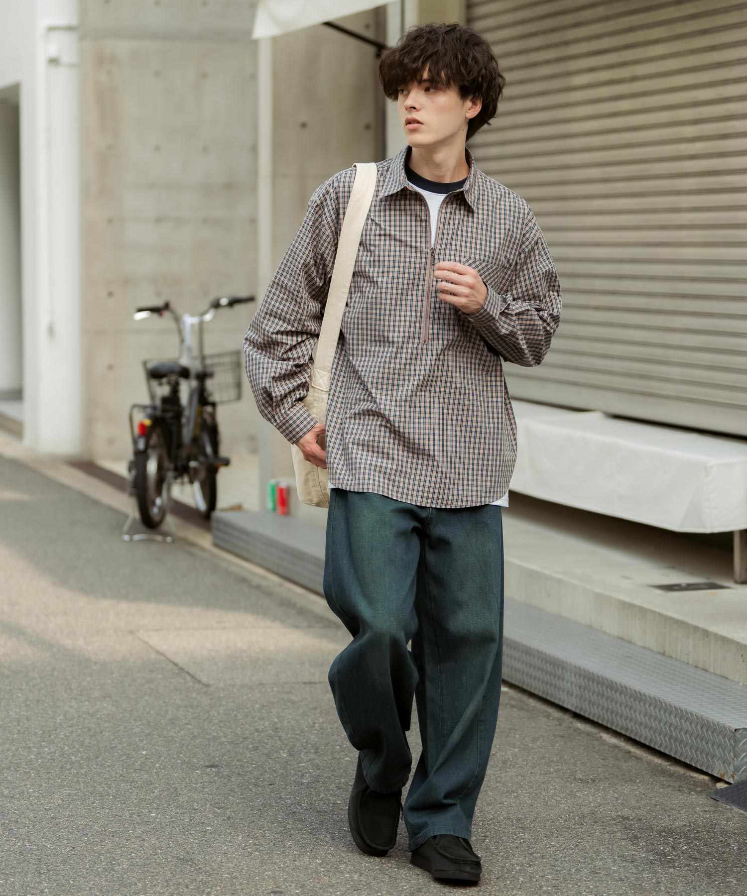 ロッキーモンロー Rocky Monroe チェックシャツ ハーフジップ 長袖 メンズ レディース ネルシャツ オンブレ 総柄 オーバーサイズ ビッグシルエット ルーズ リラックス ゆったり 14762 (ネイビーチェック) ネイビーチェック