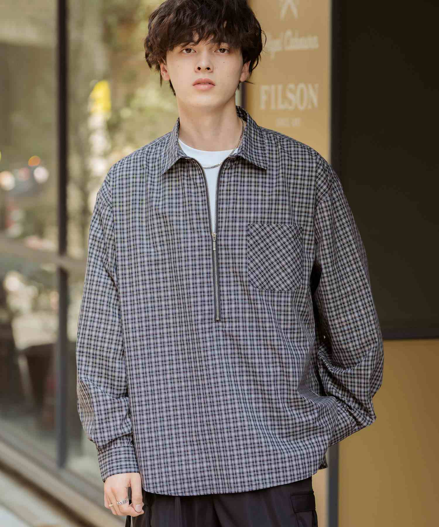 ロッキーモンロー Rocky Monroe チェックシャツ ハーフジップ 長袖 メンズ レディース ネルシャツ オンブレ 総柄 オーバーサイズ ビッグシルエット ルーズ リラックス ゆったり 14762 (ネイビーチェック) ネイビーチェック