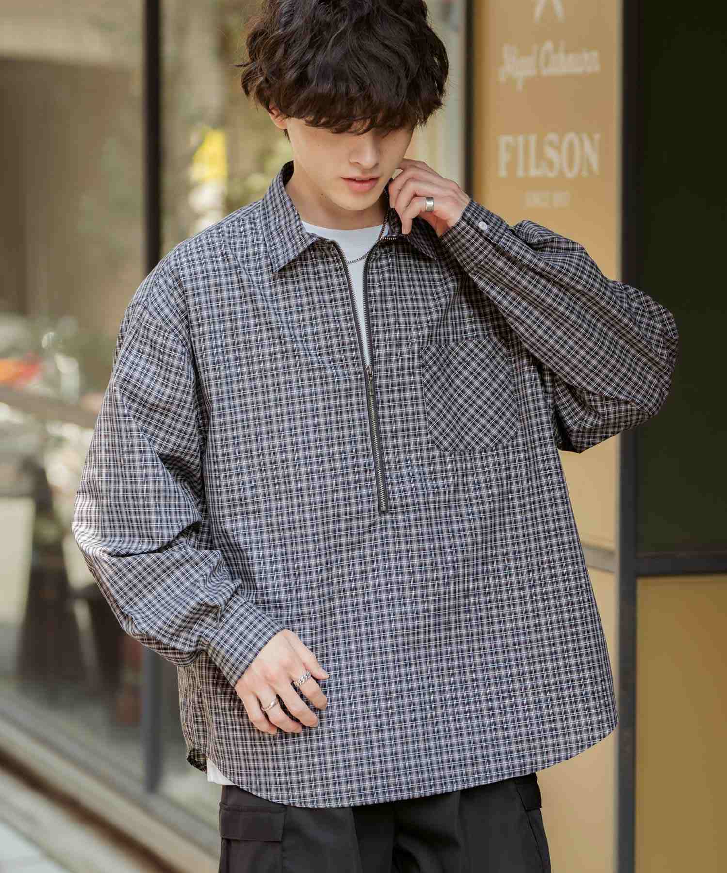 ロッキーモンロー Rocky Monroe チェックシャツ ハーフジップ 長袖 メンズ レディース ネルシャツ オンブレ 総柄 オーバーサイズ ビッグシルエット ルーズ リラックス ゆったり 14762 (ネイビーチェック) ネイビーチェック