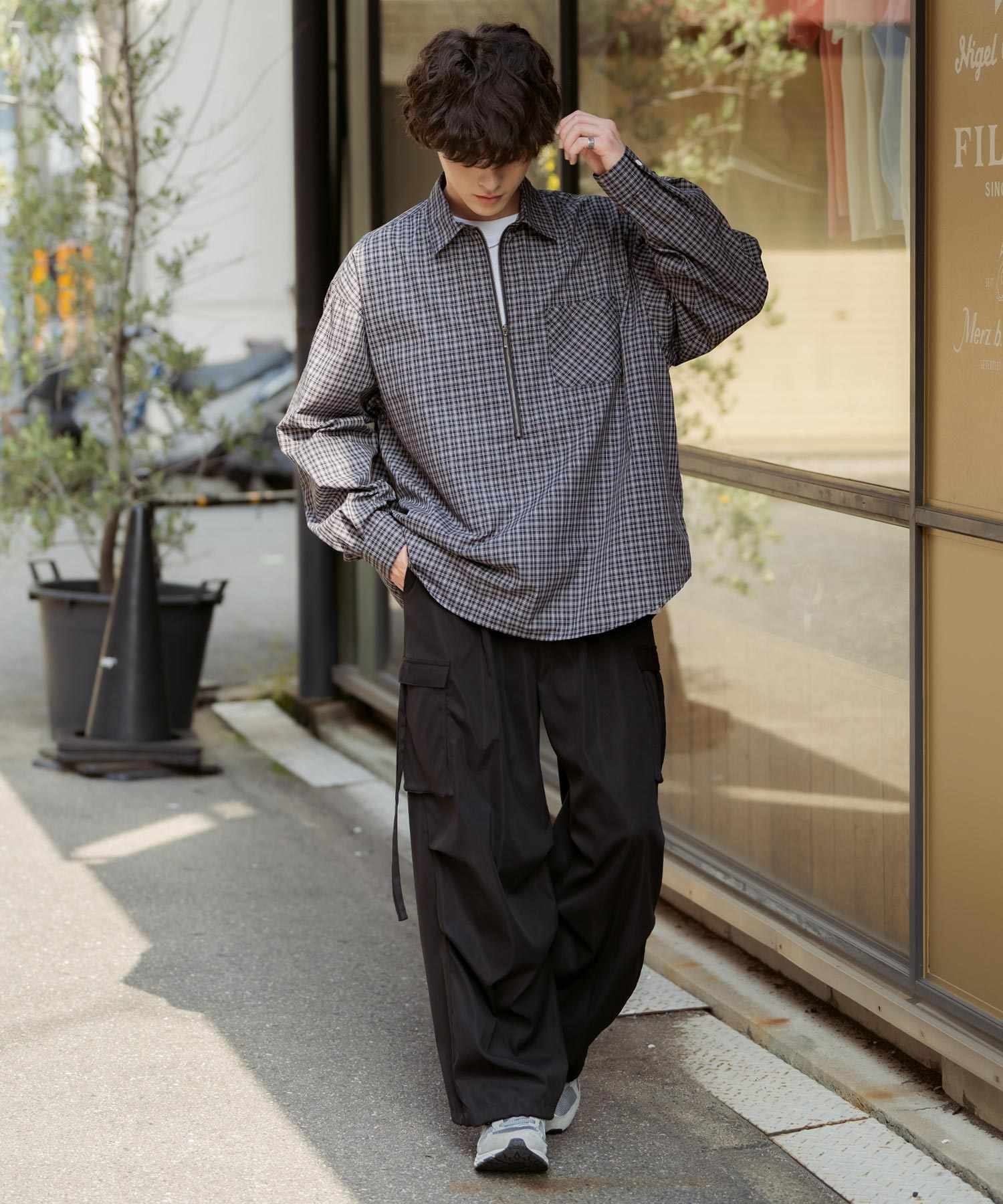 ロッキーモンロー Rocky Monroe チェックシャツ ハーフジップ 長袖 メンズ レディース ネルシャツ オンブレ 総柄 オーバーサイズ ビッグシルエット ルーズ リラックス ゆったり 14762 (ネイビーチェック) ネイビーチェック