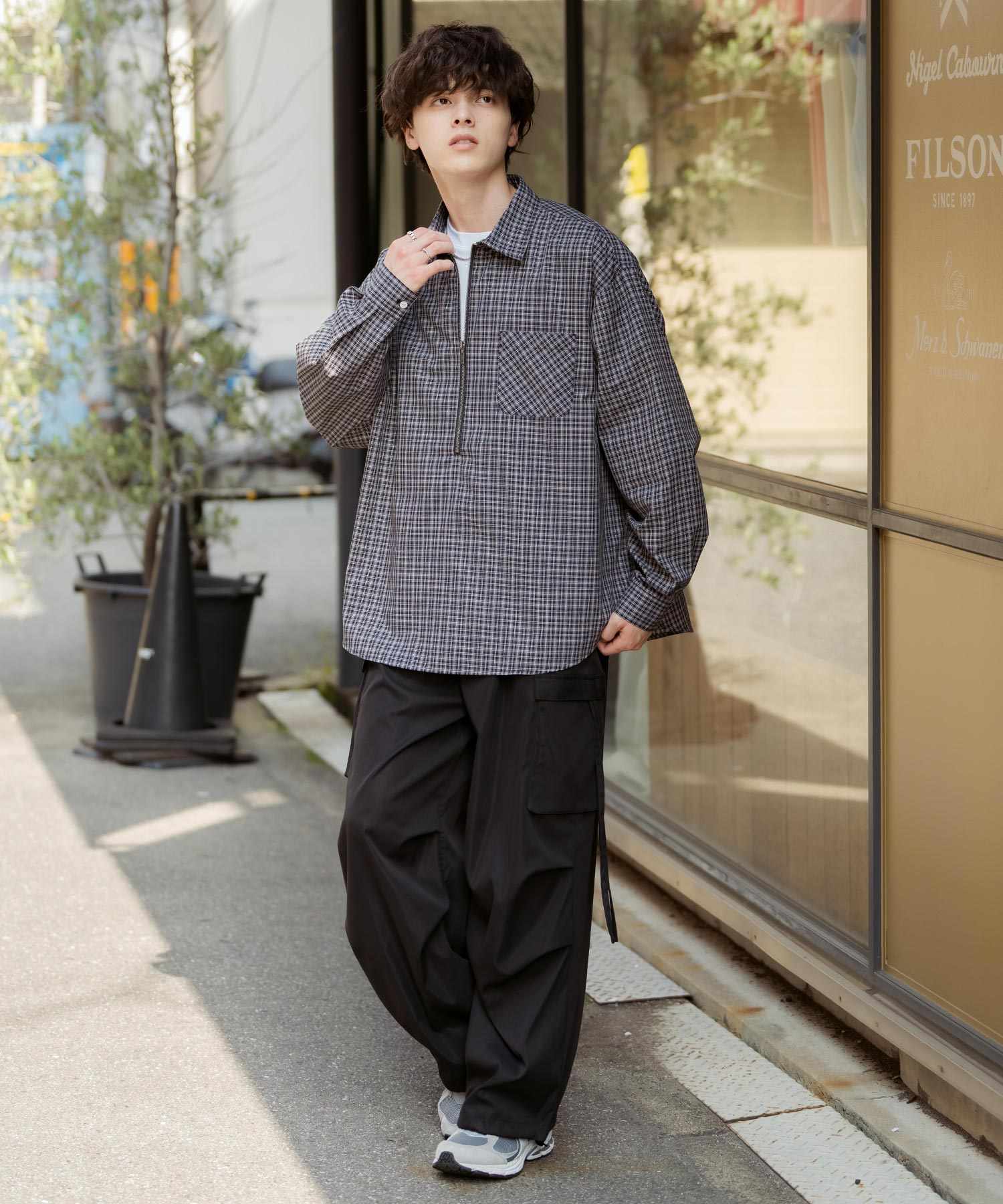 ロッキーモンロー Rocky Monroe チェックシャツ ハーフジップ 長袖 メンズ レディース ネルシャツ オンブレ 総柄 オーバーサイズ ビッグシルエット ルーズ リラックス ゆったり 14762 (ネイビーチェック) ネイビーチェック