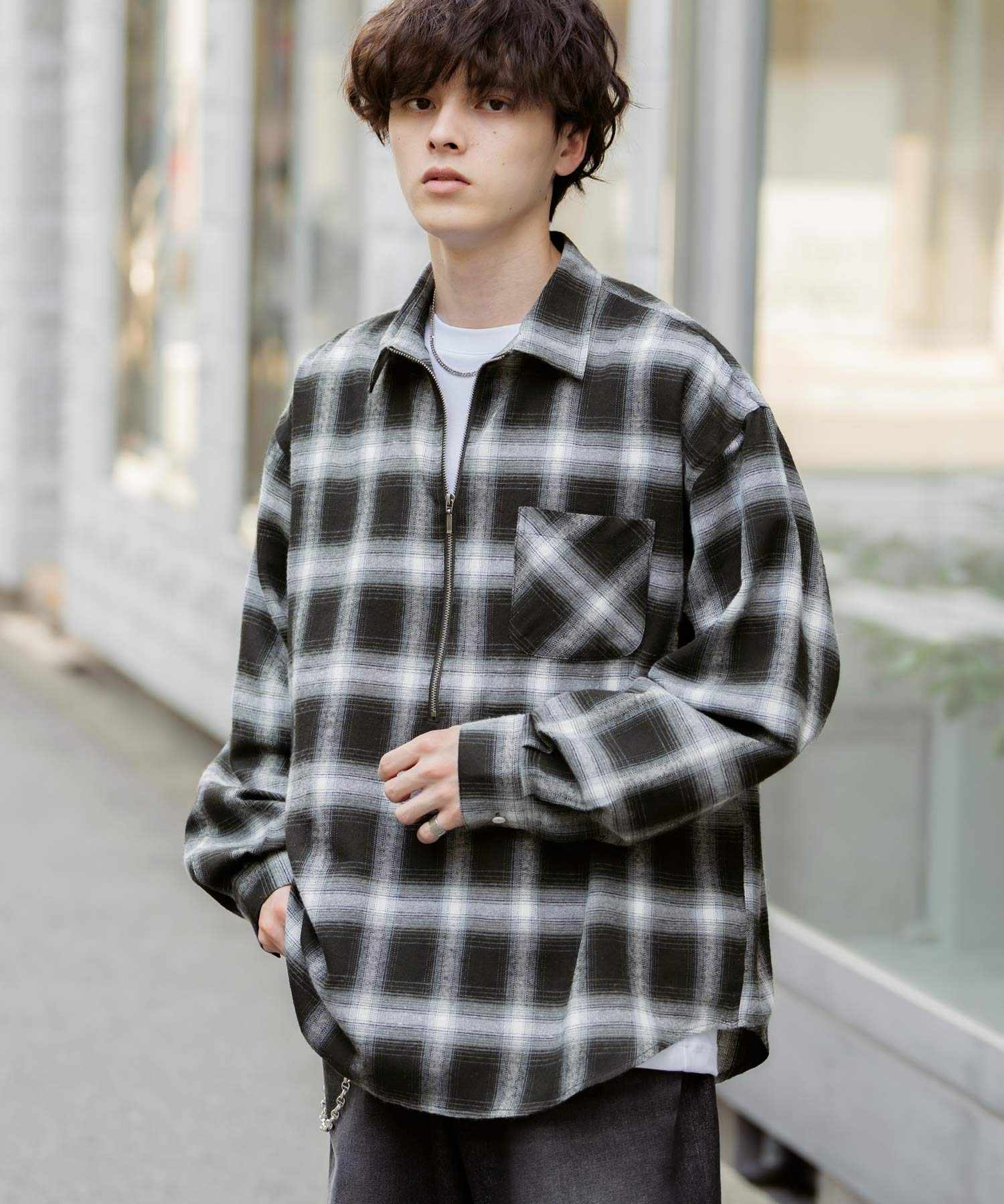 ロッキーモンロー Rocky Monroe チェックシャツ ハーフジップ 長袖 メンズ レディース ネルシャツ オンブレ 総柄 オーバーサイズ ビッグシルエット ルーズ リラックス ゆったり 14762 (ネイビーチェック) ネイビーチェック