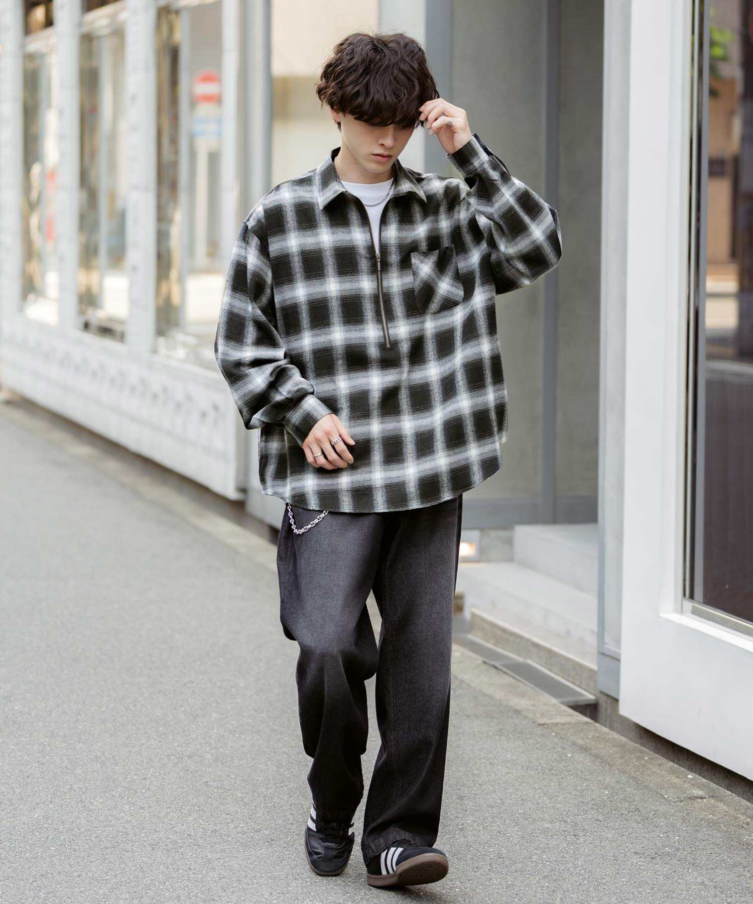 ロッキーモンロー Rocky Monroe チェックシャツ ハーフジップ 長袖 メンズ レディース ネルシャツ オンブレ 総柄 オーバーサイズ ビッグシルエット ルーズ リラックス ゆったり 14762 (ネイビーチェック) ネイビーチェック